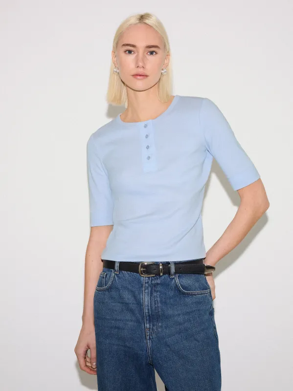 Fine Rib Half Sleeve Henley Tee | Blue sold by Jigsaw