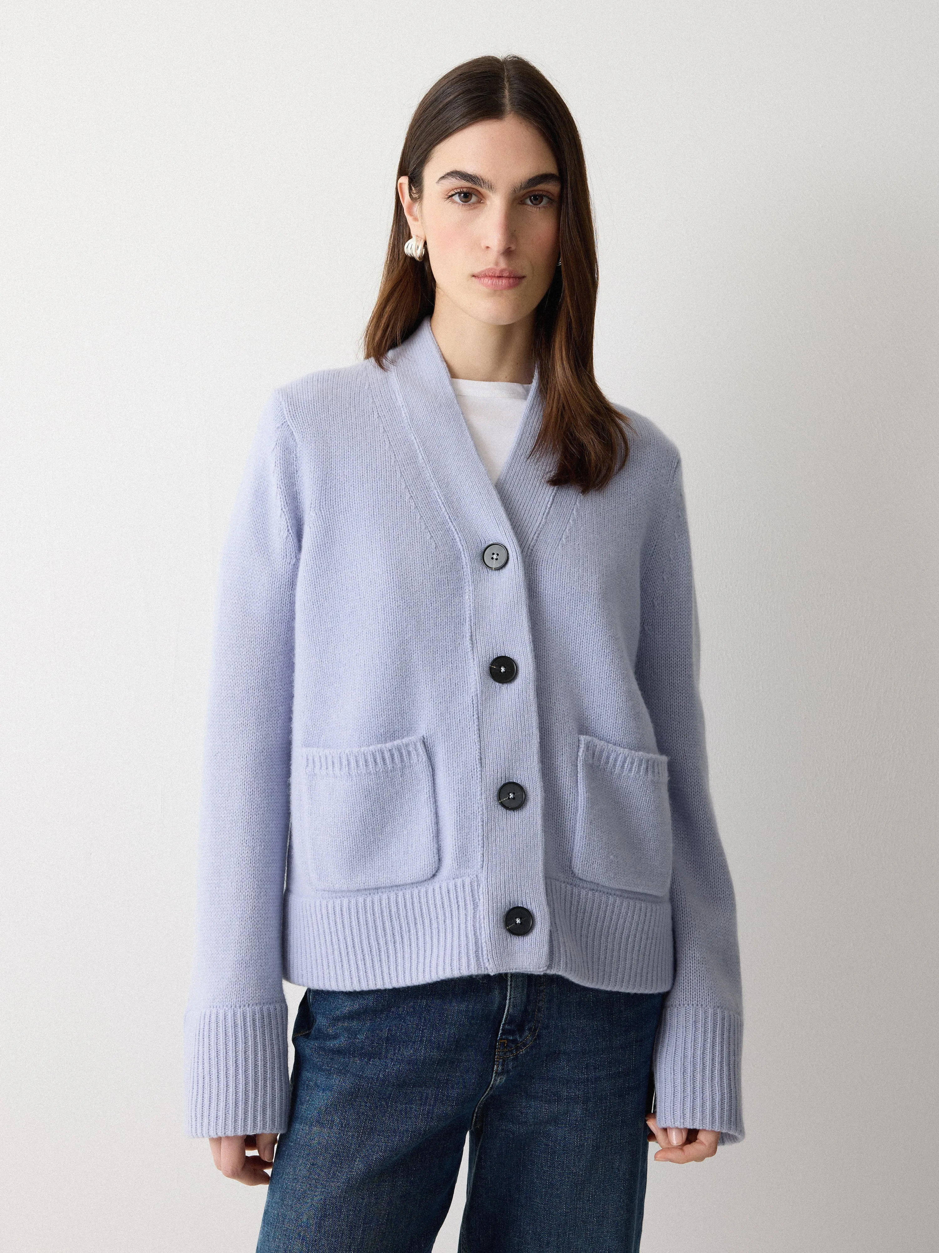 Chunky V Neck A Line Cardigan | Blue sold by Jigsaw