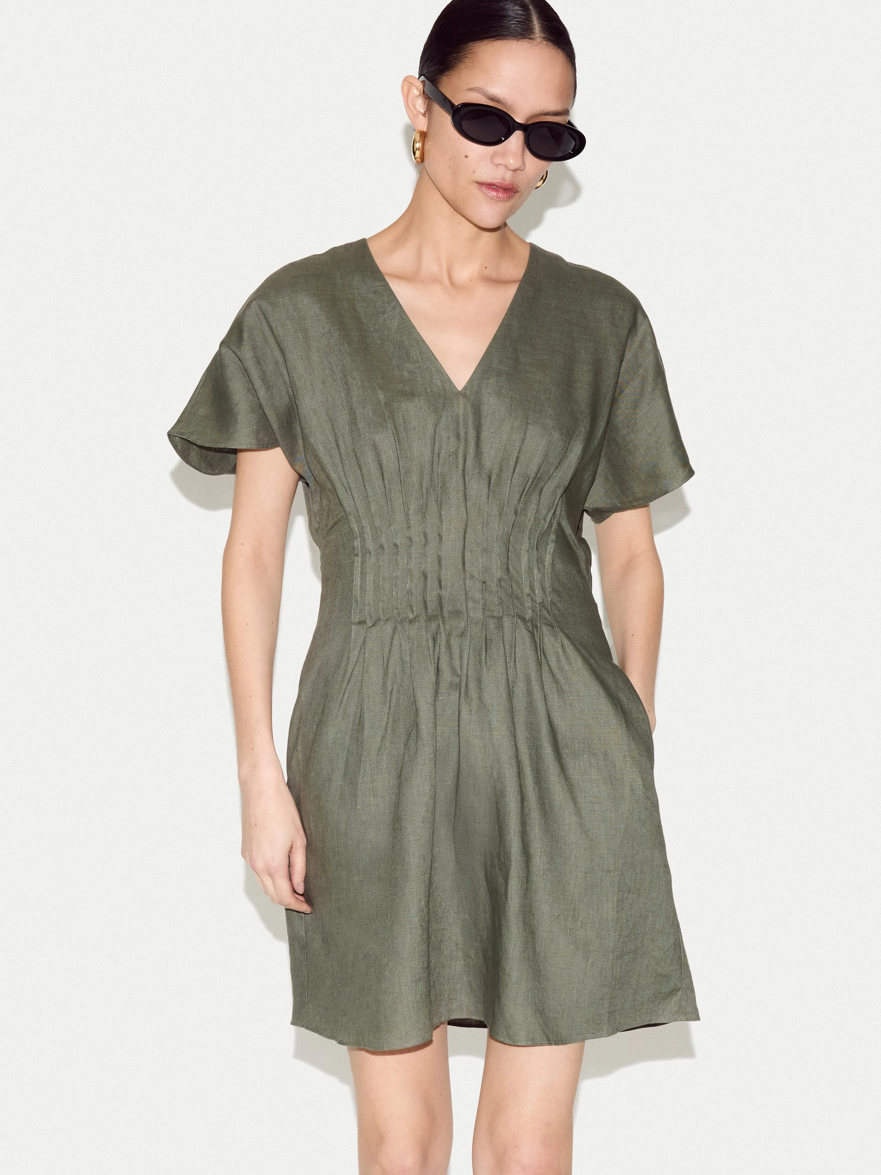 Pintuck Linen Dress | Khaki sold by Jigsaw