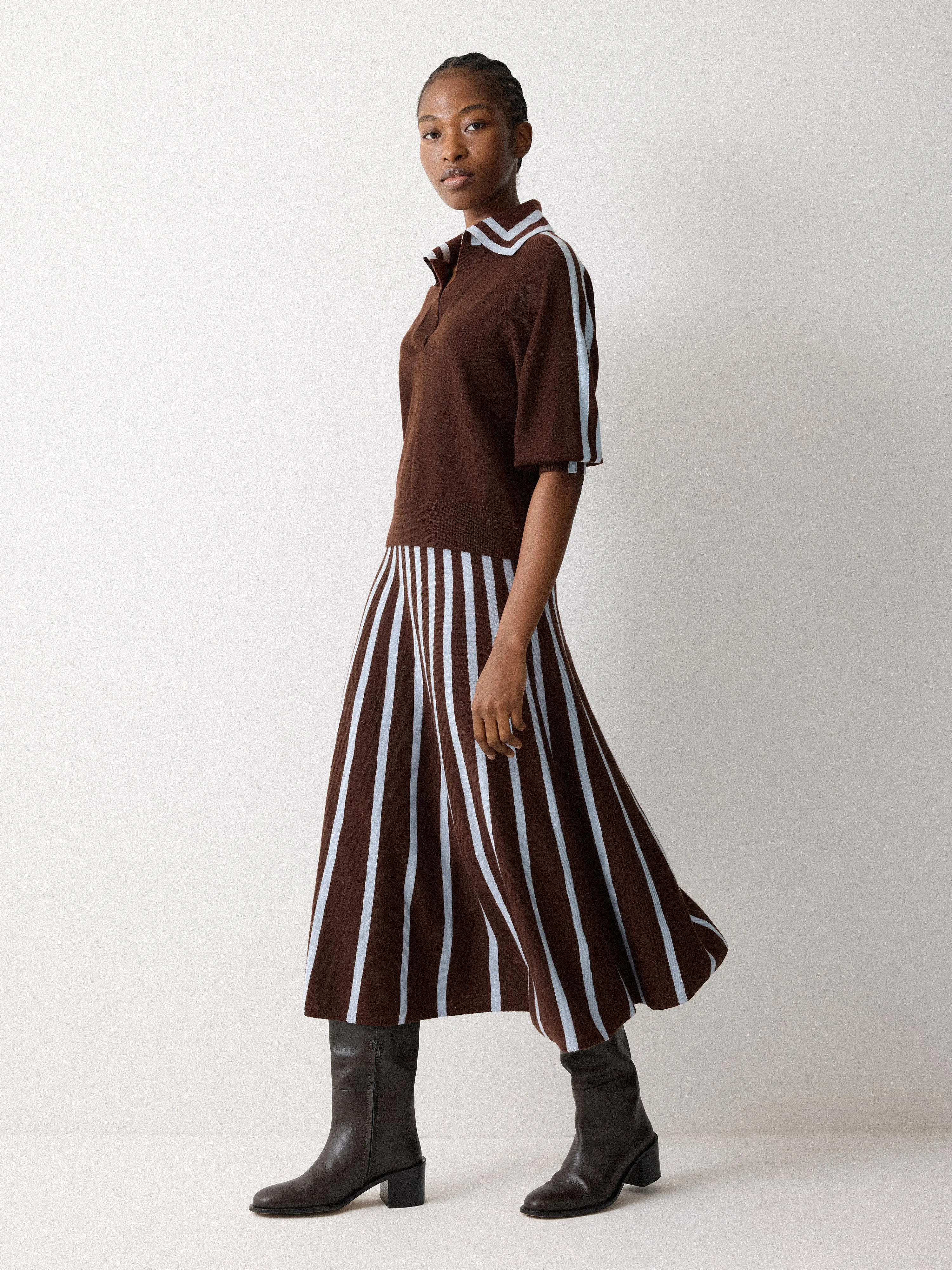 Merino Stripe Flare Skirt | Brown sold by Jigsaw
