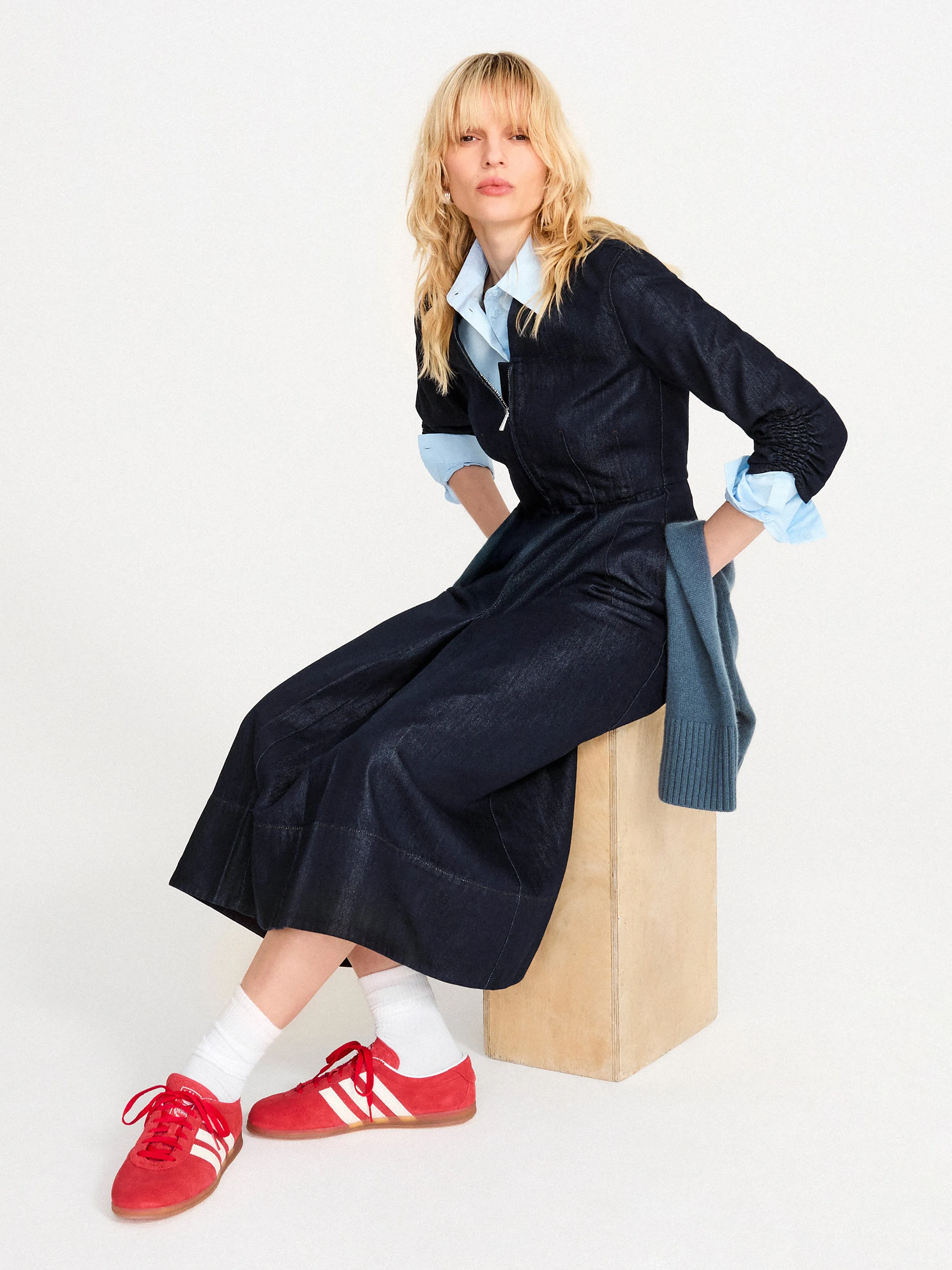 Chambray Zip Front Midi Dress | Indigo sold by Jigsaw