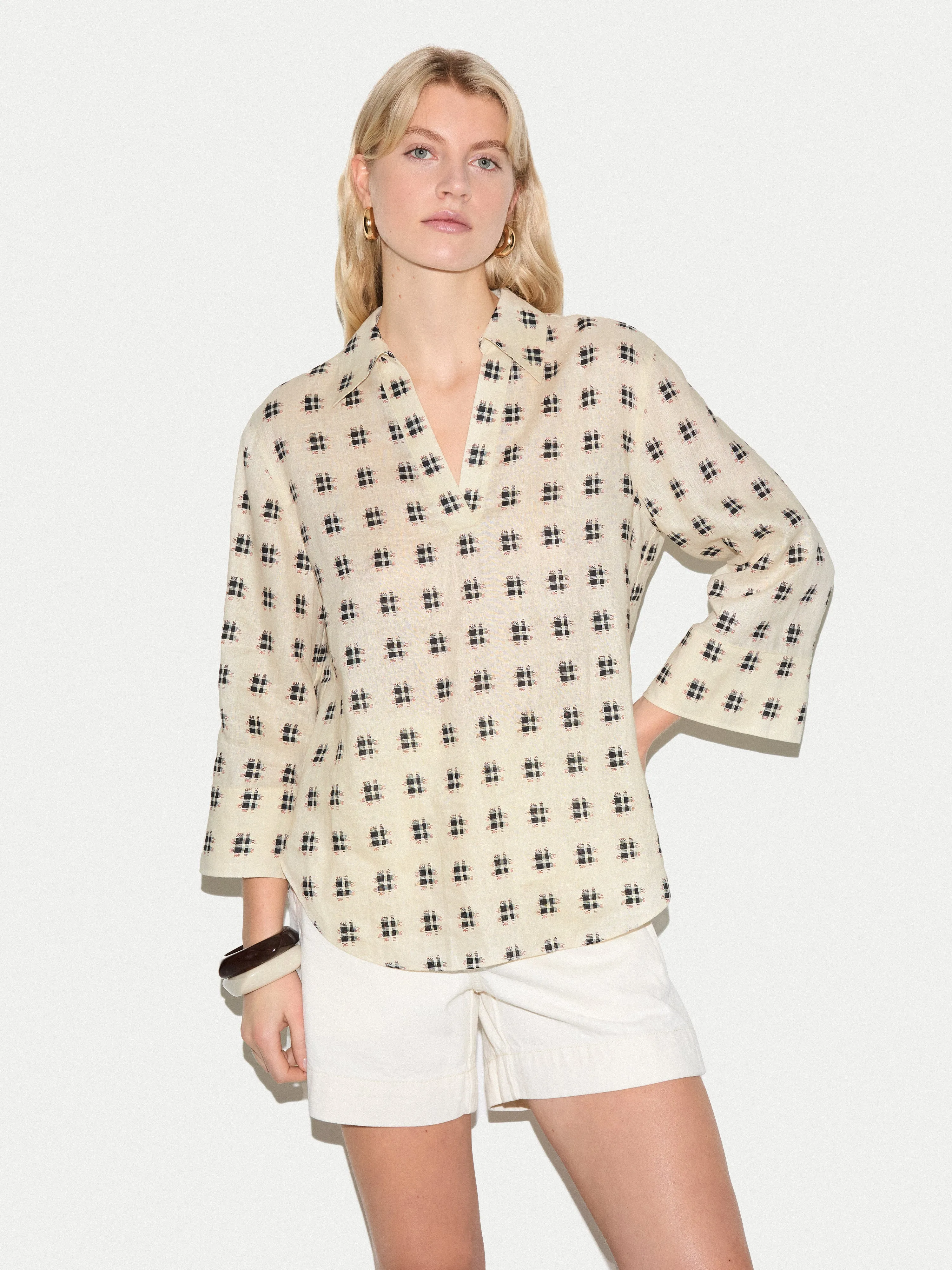 Geo Check Linen Tunic | Cream sold by Jigsaw