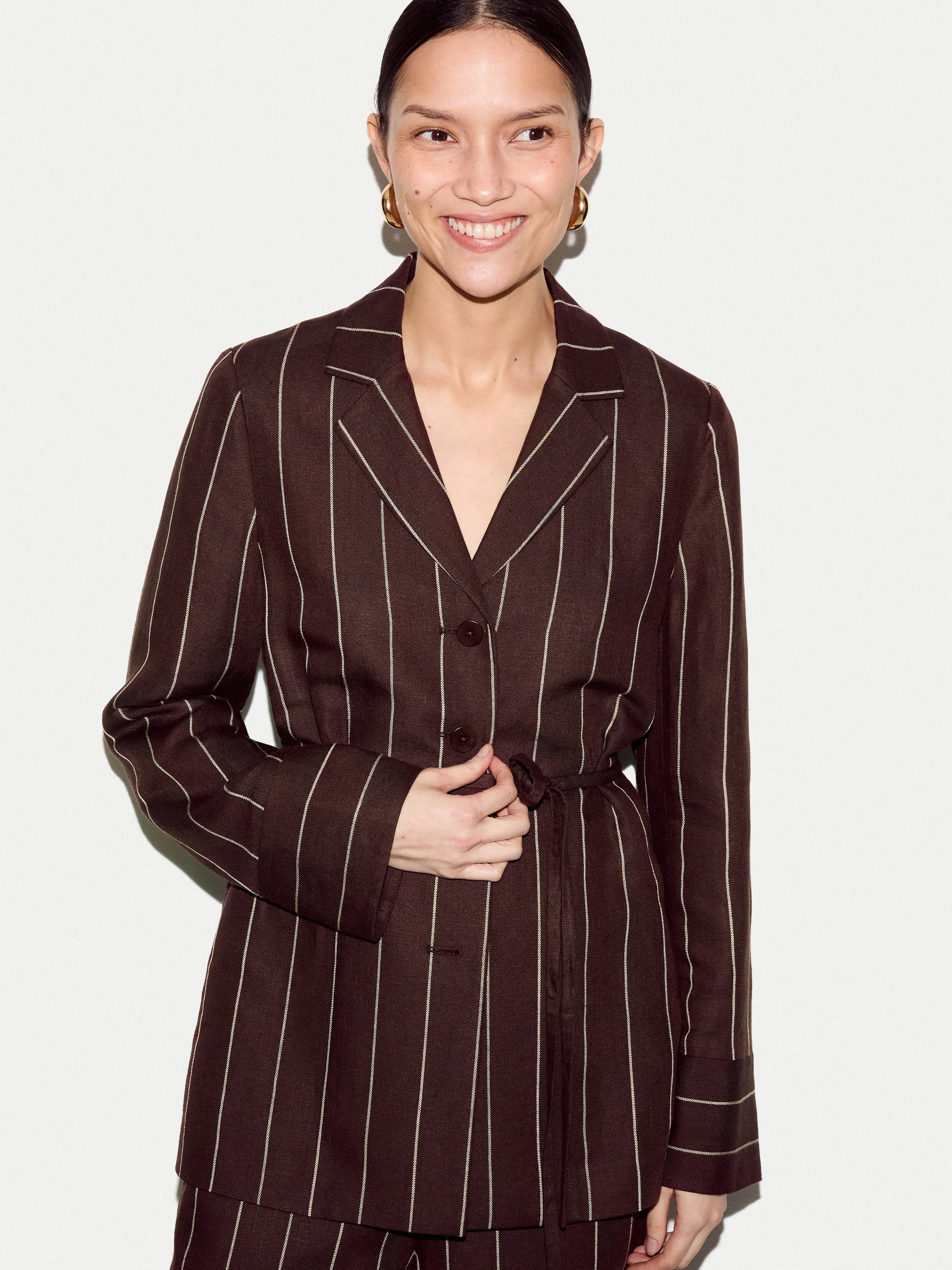 Relaxed Pinstripe Shirt Jacket | Brown sold by Jigsaw