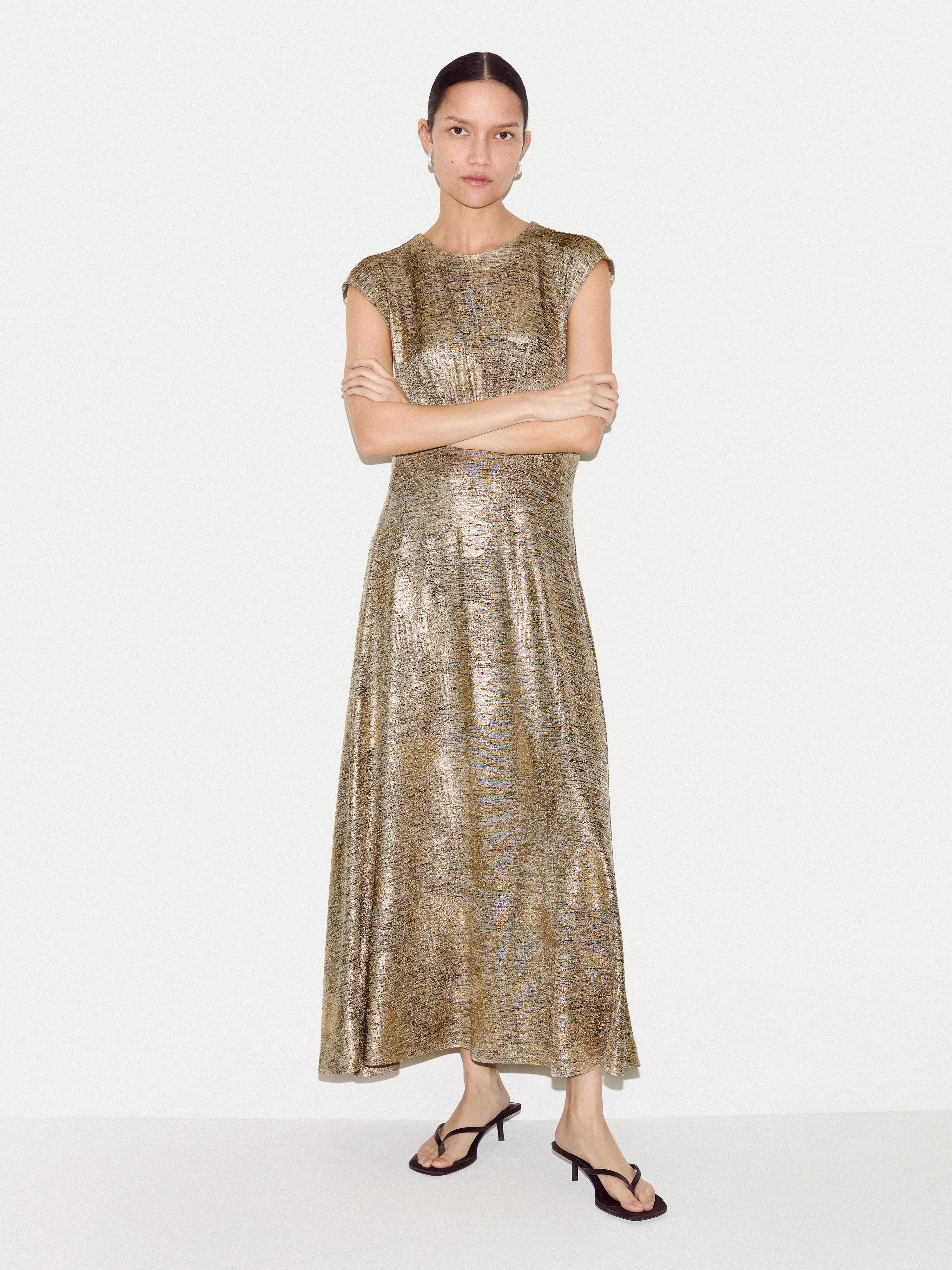 Shimmer Curved Seam Dress | Gold sold by Jigsaw