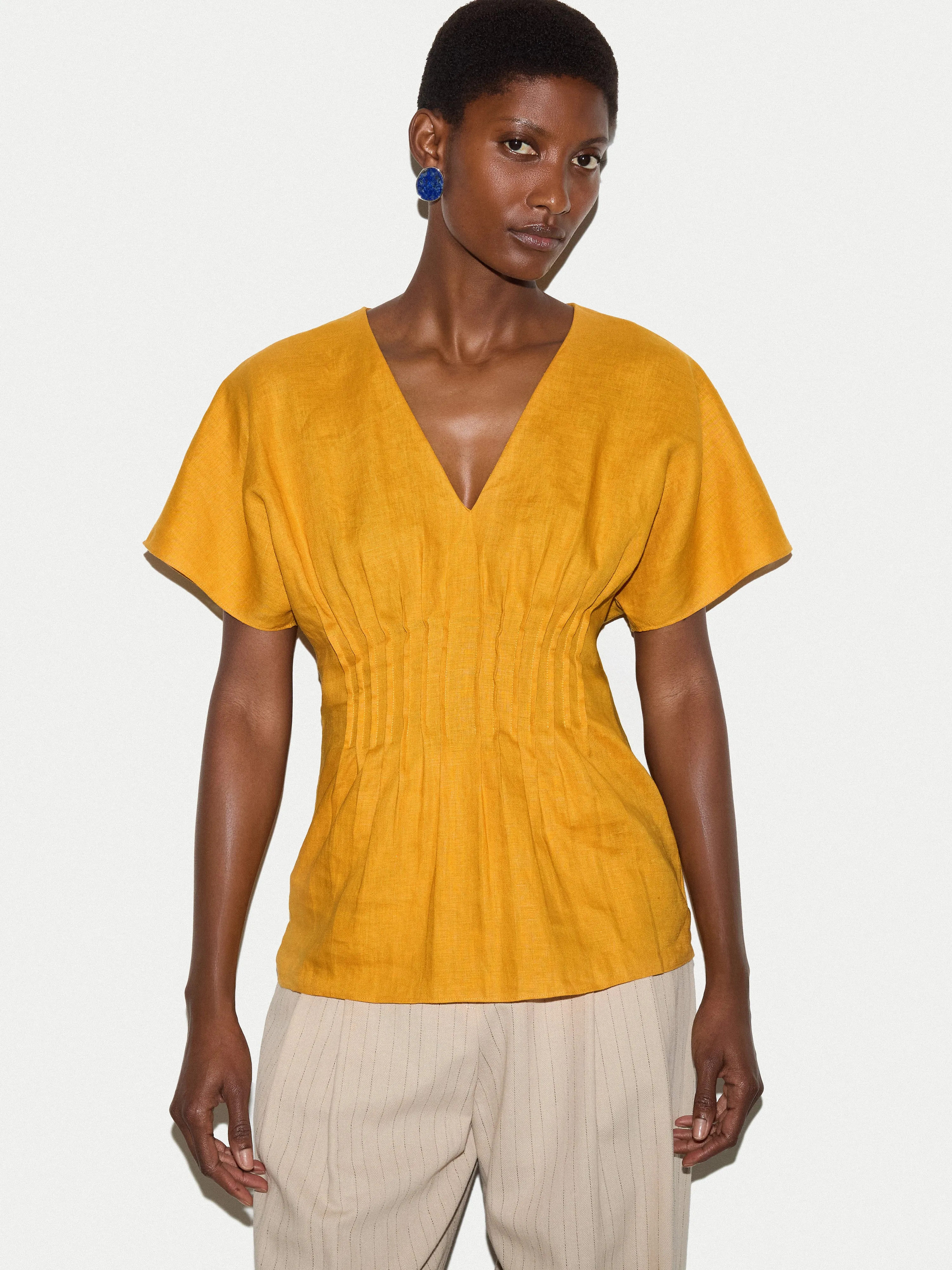 Linen Pintuck Waist Top | Orange sold by Jigsaw