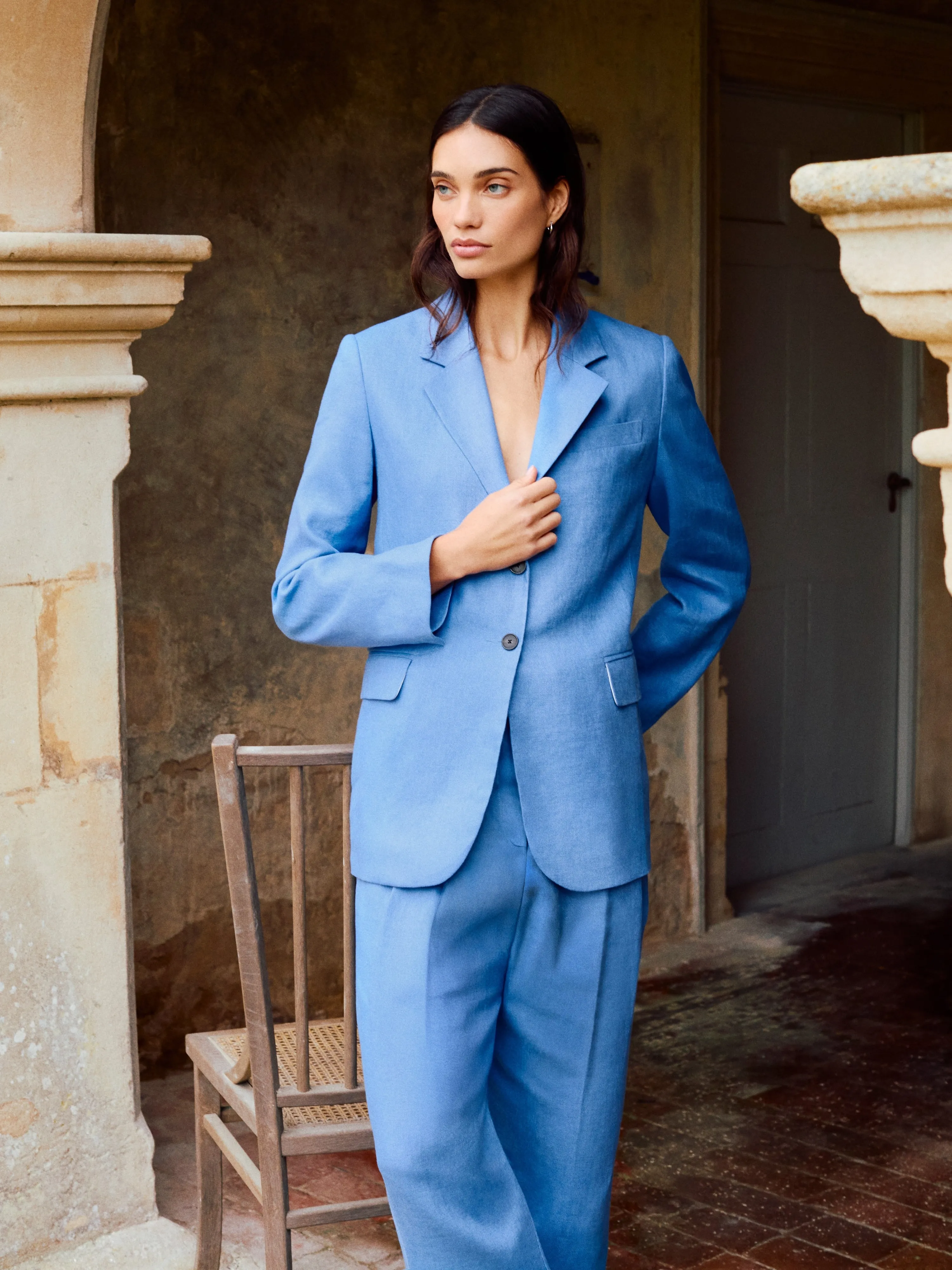 Linen Peak Lapel Blazer | Blue sold by Jigsaw