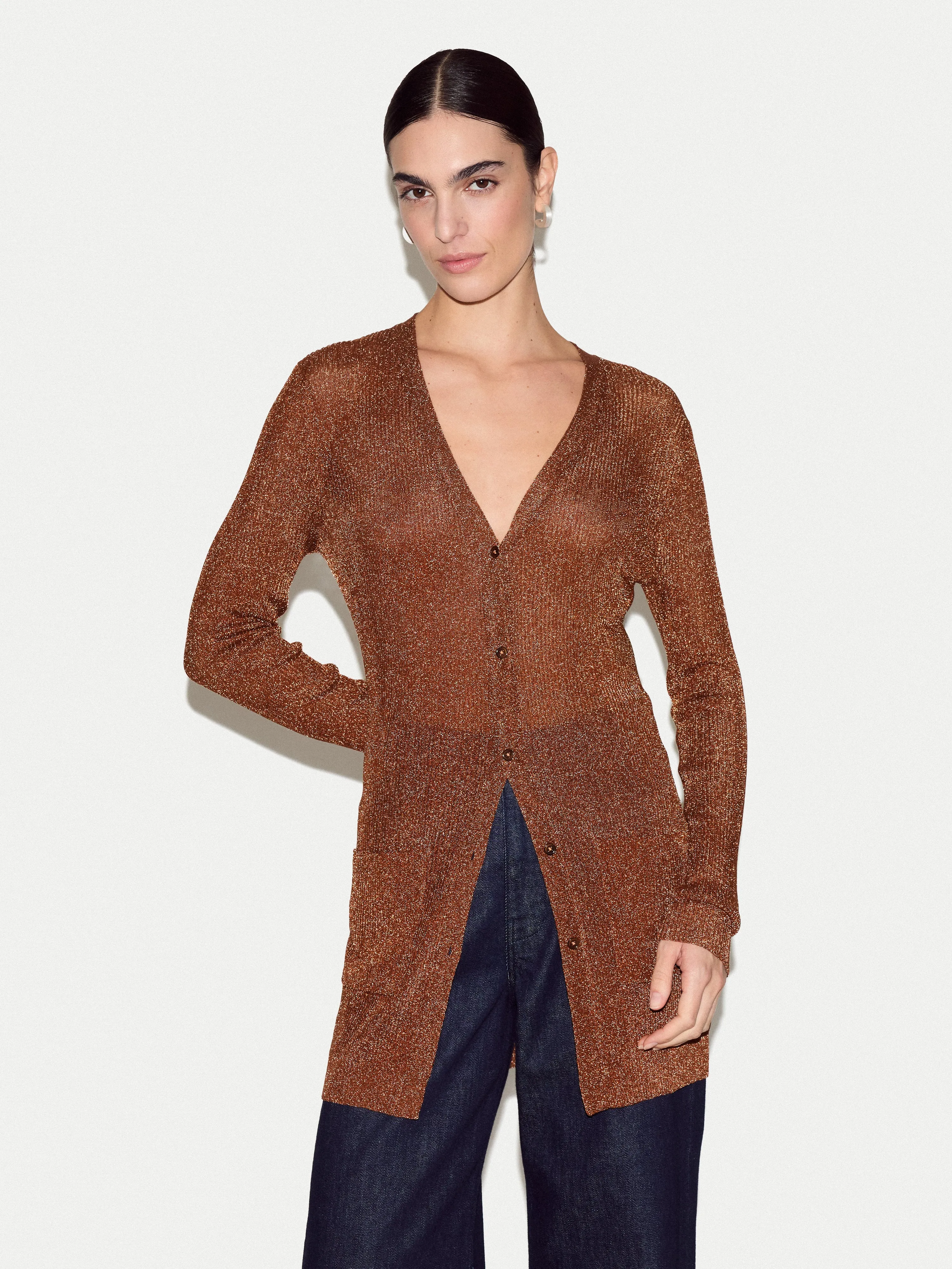 Metallic Rib Cardigan | Bronze sold by Jigsaw