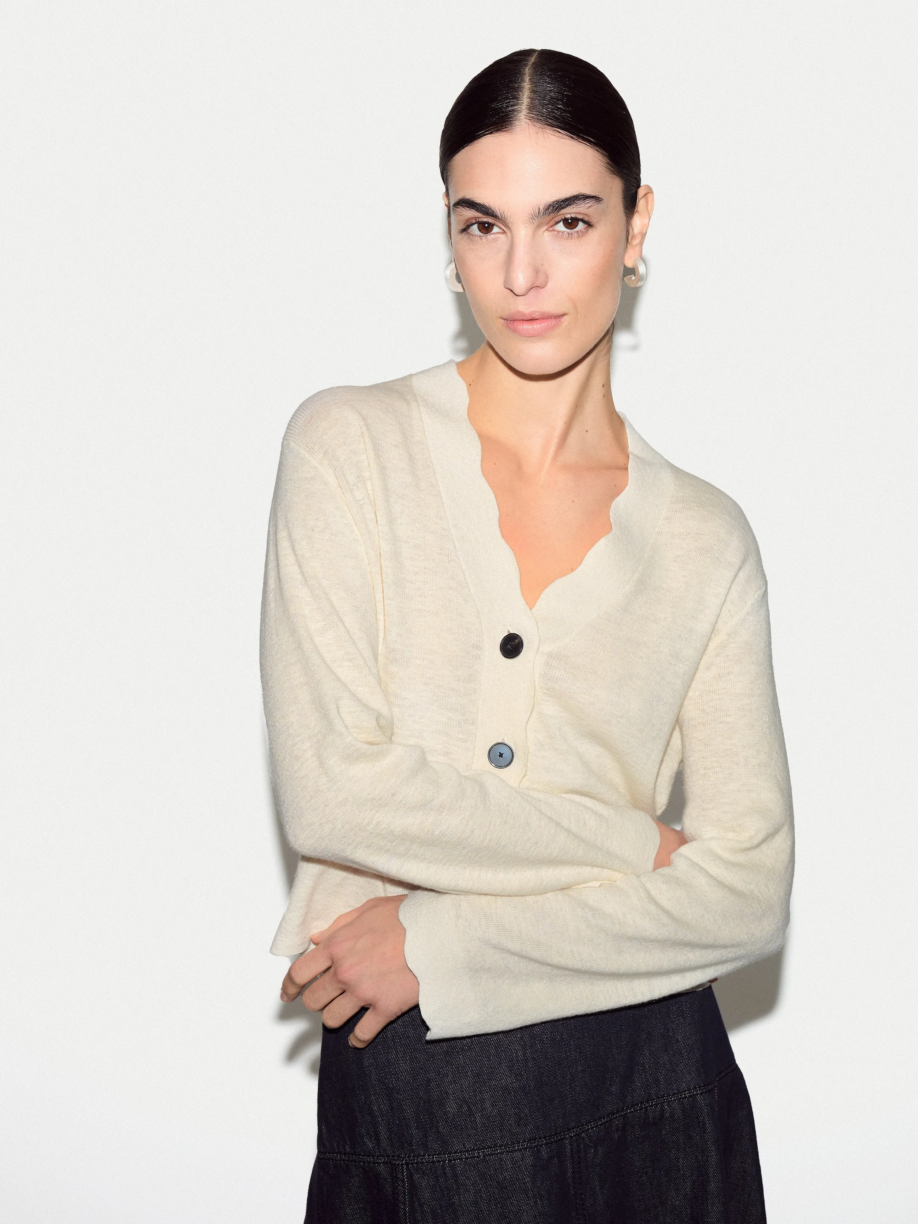 Linen Cotton Scallop Cardigan | Ivory sold by Jigsaw product image thumbnail 2