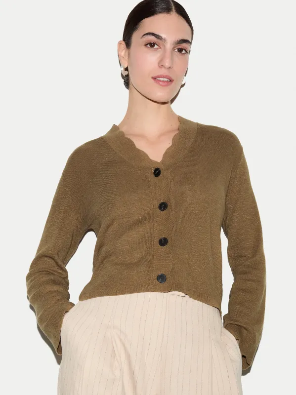 Linen Cotton Scallop Cardigan | Khaki made by Jigsaw