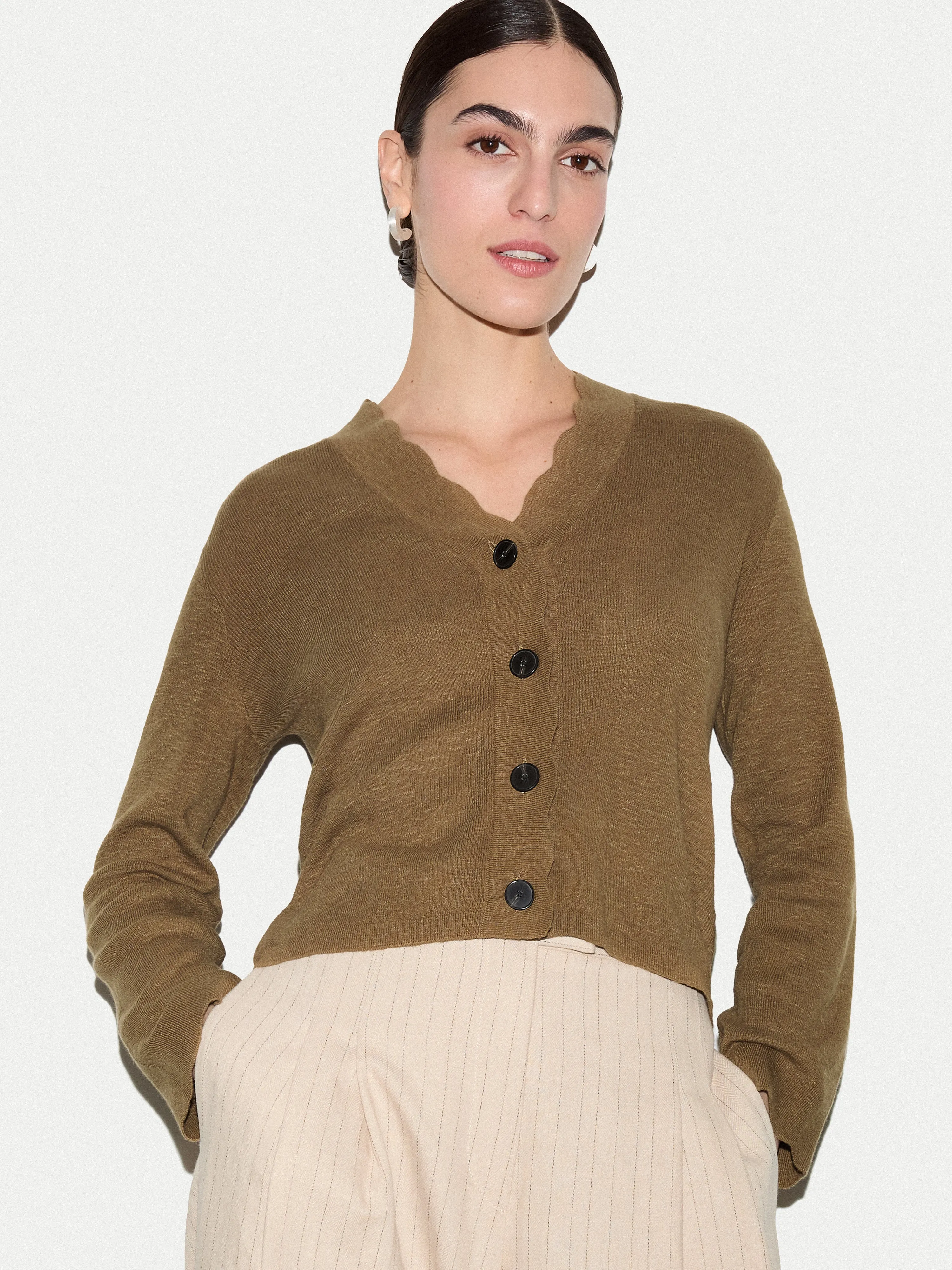 Linen Cotton Scallop Cardigan | Khaki sold by Jigsaw