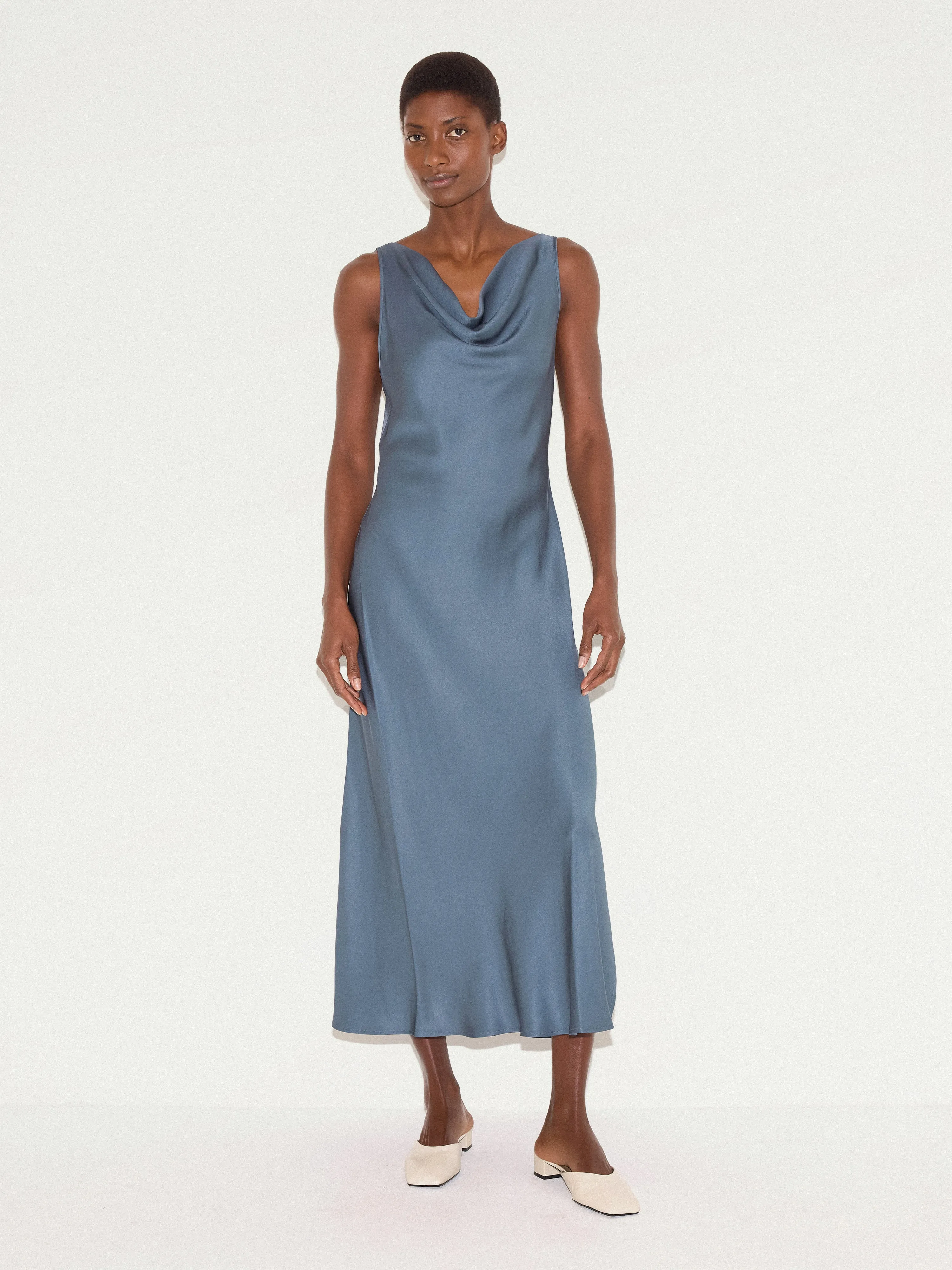 Satin Cowl Neck Bias Dress | Blue sold by Jigsaw