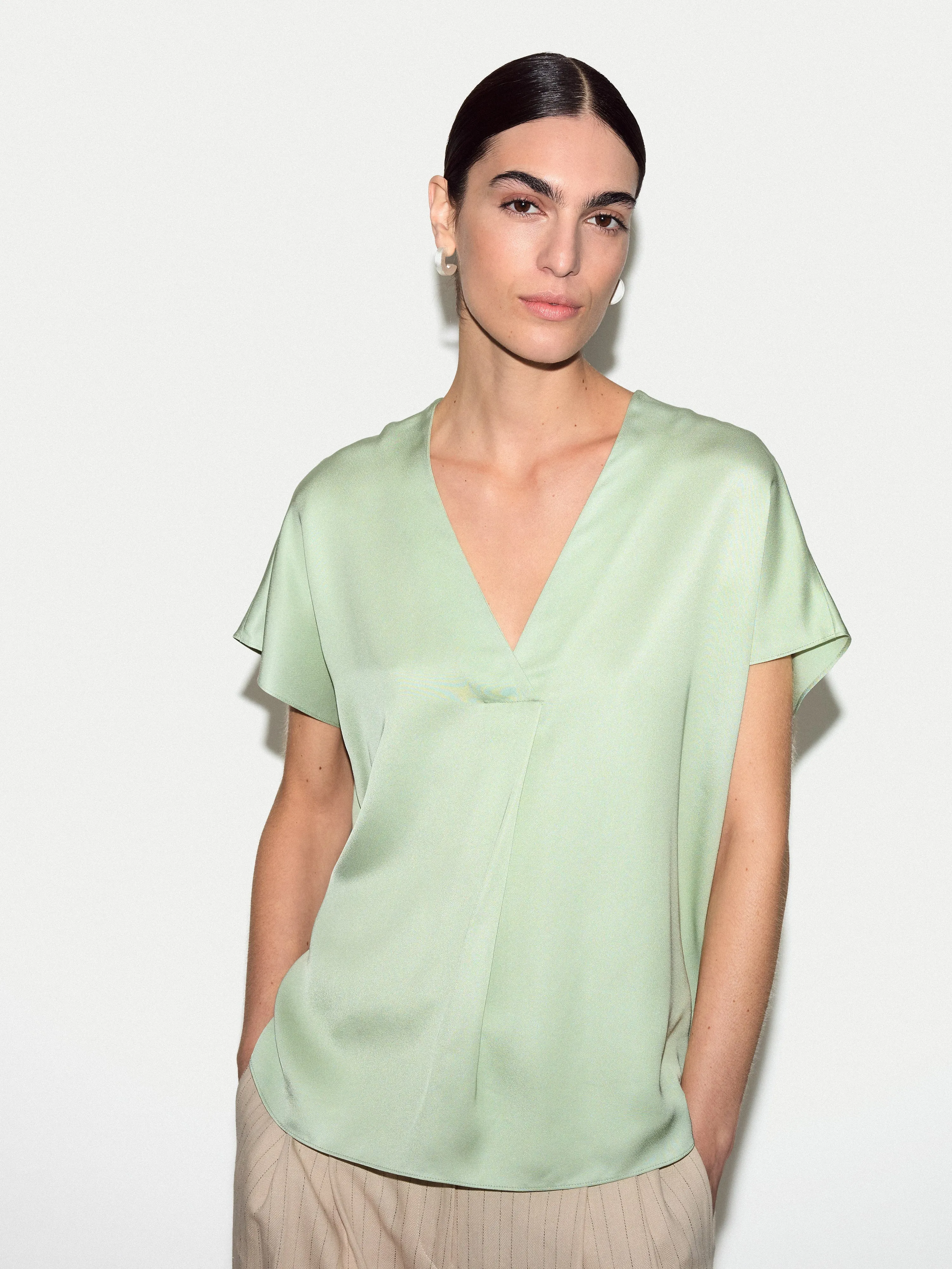 Cap Sleeve Satin Top | Pale Green sold by Jigsaw