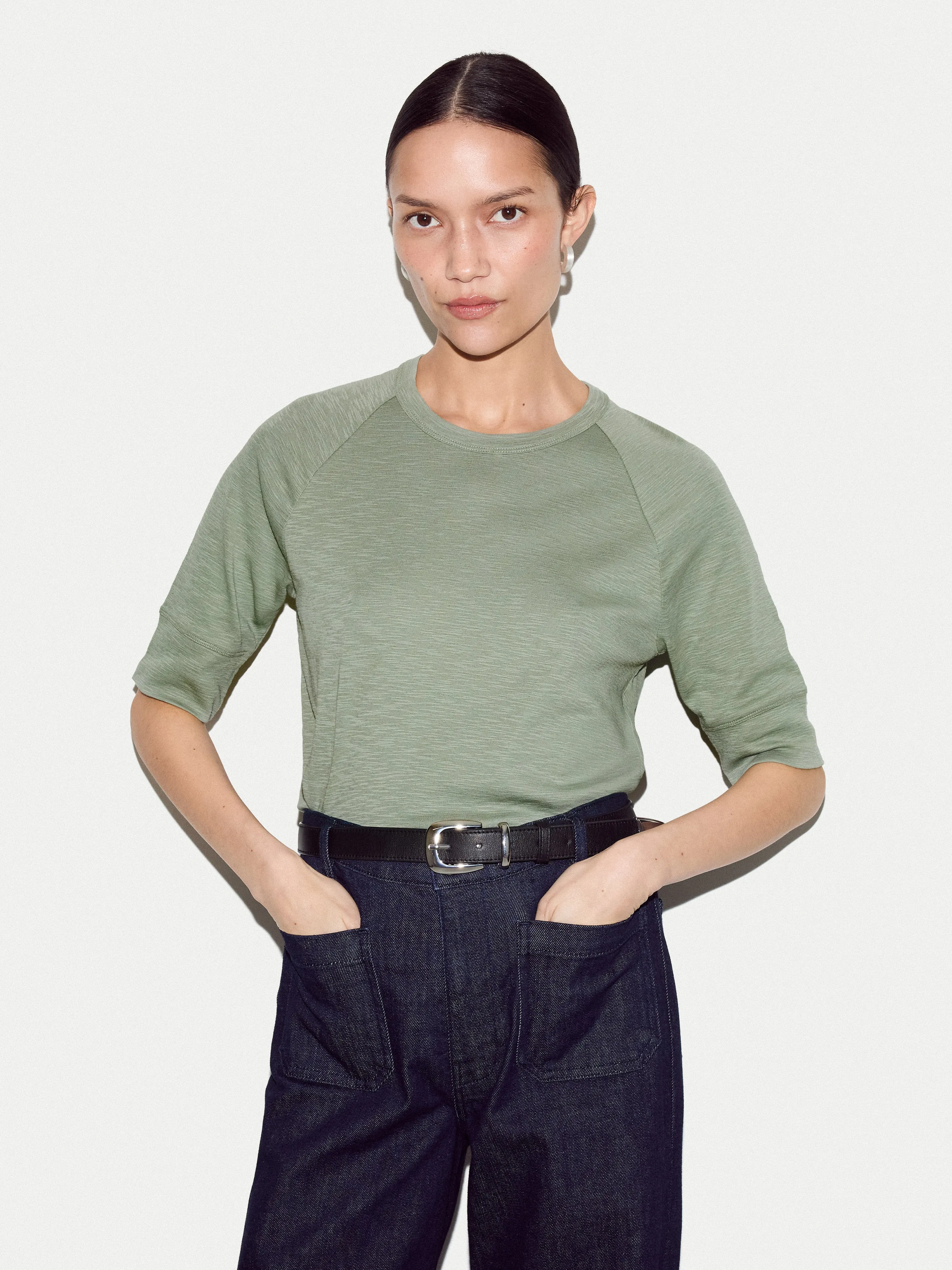 Cotton Luxe Raglan Short Sleeve T-shirt | Green sold by Jigsaw