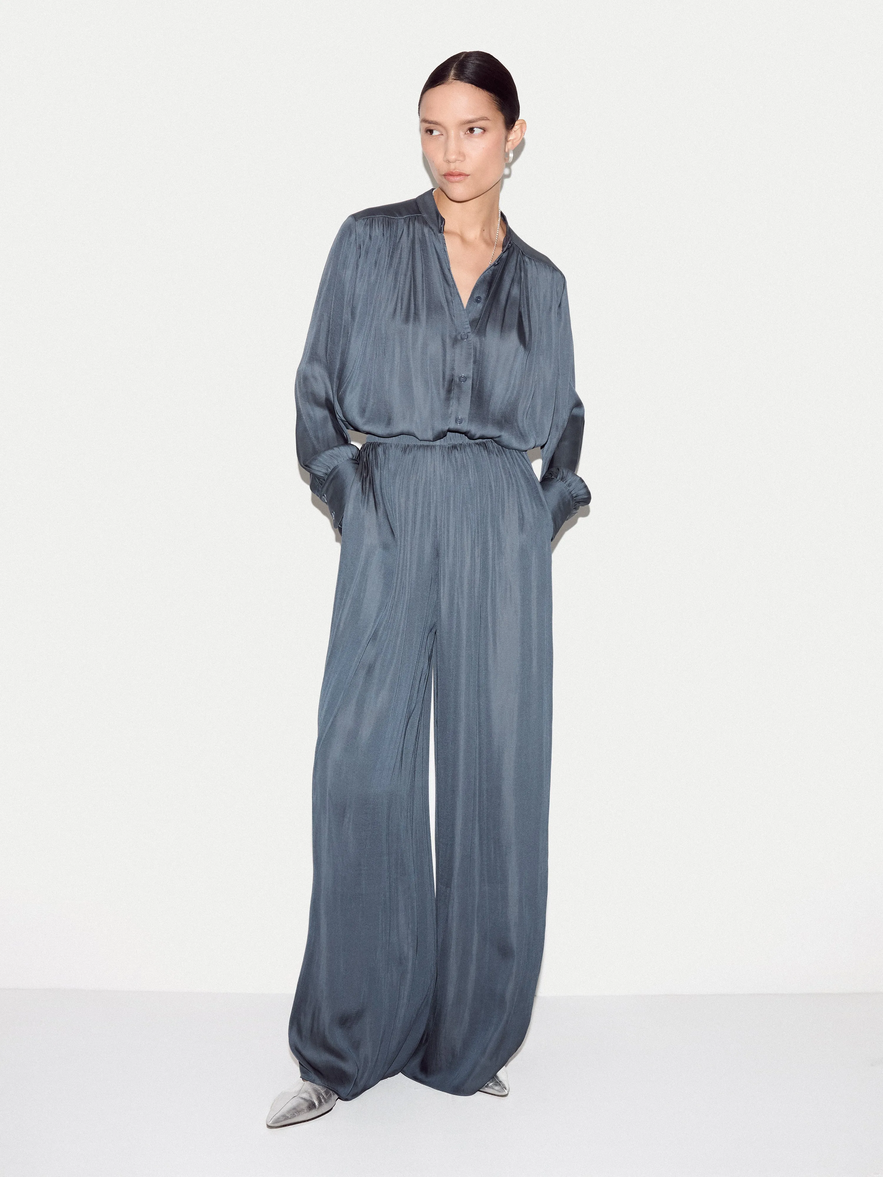 Recycled Satin Pleated Top | Blue sold by Jigsaw