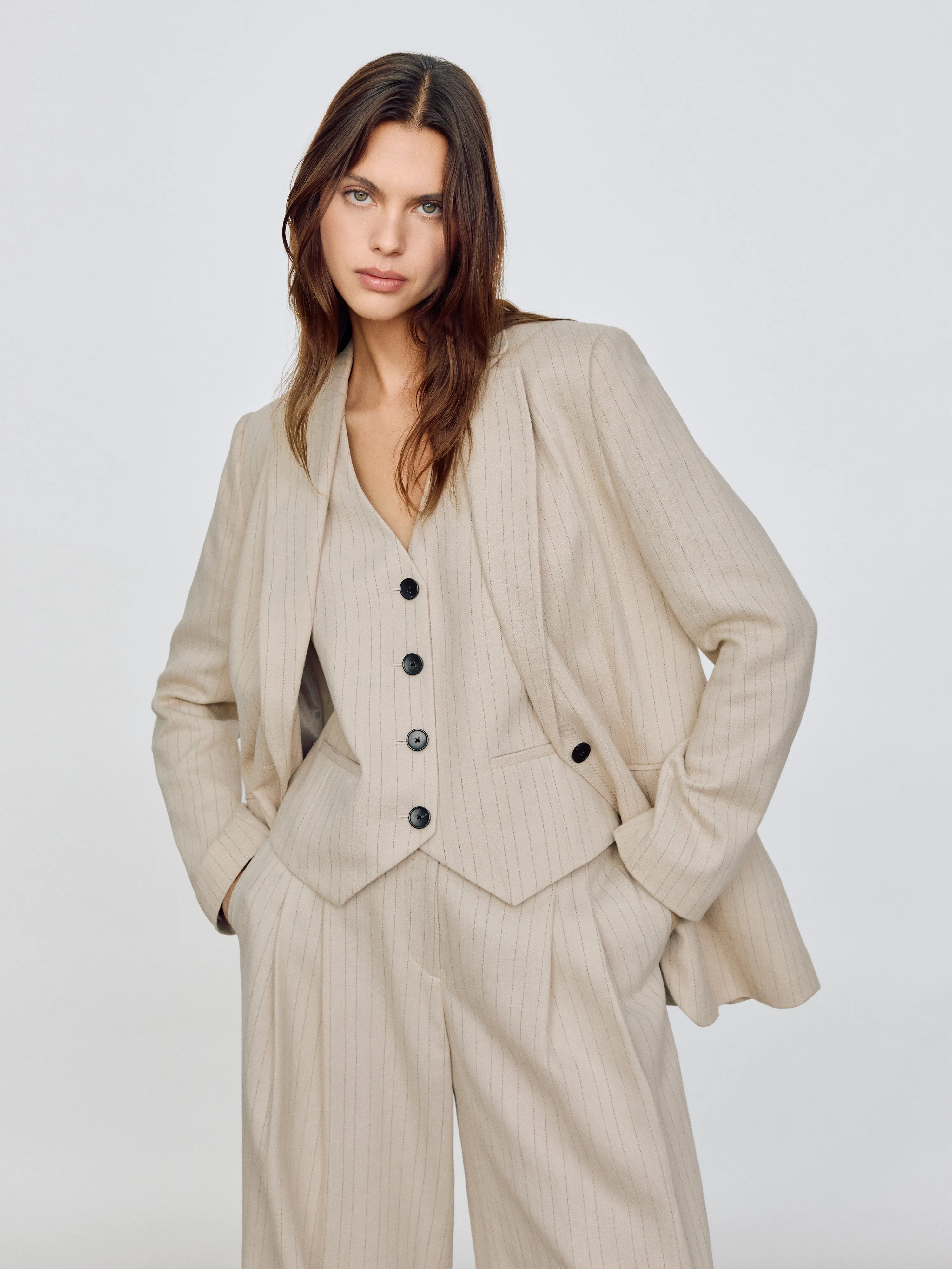 Linen Cotton Stripe Waistcoat | Beige sold by Jigsaw