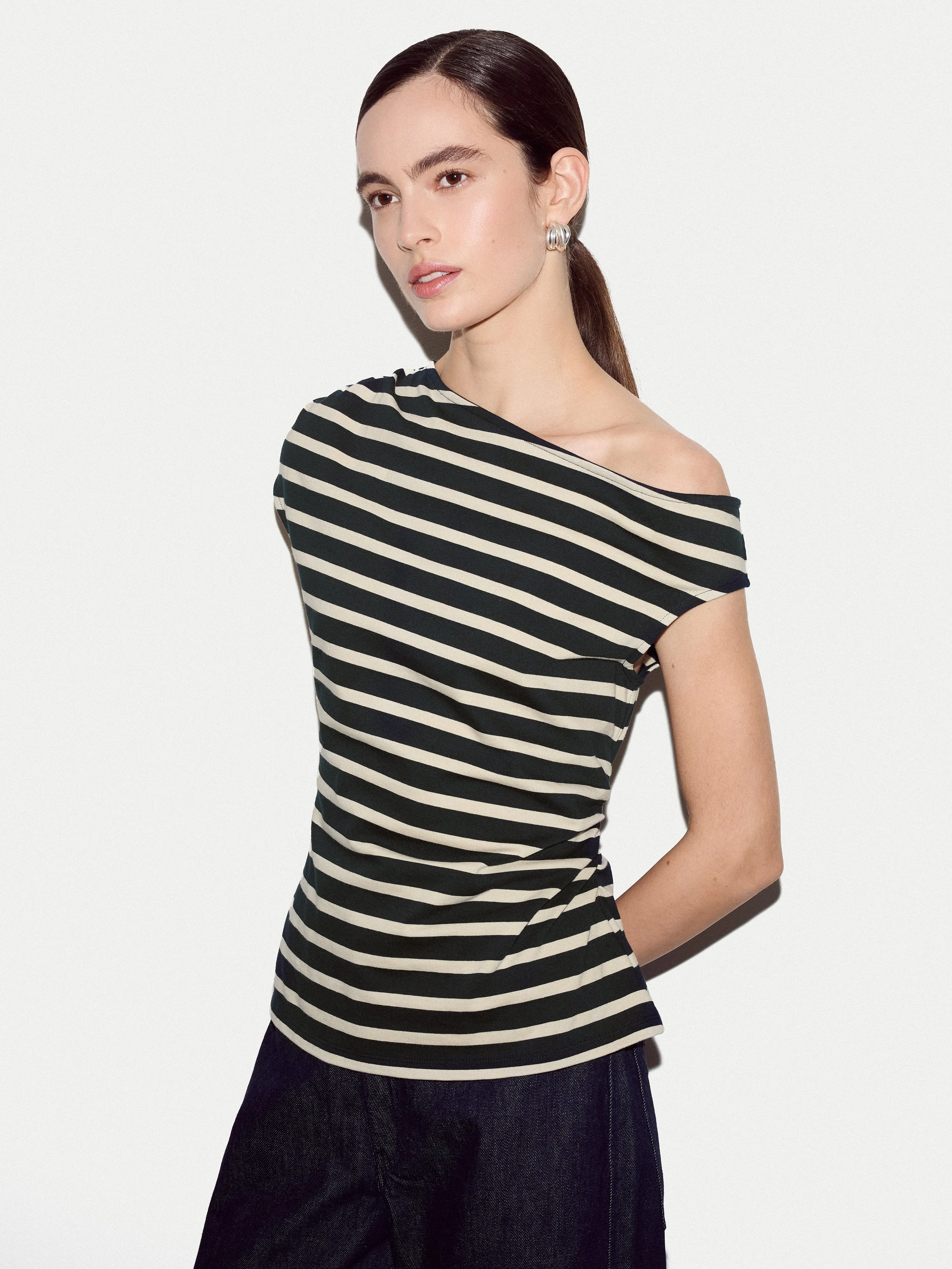 Stripe Asymmetric Neck Top | Navy sold by Jigsaw