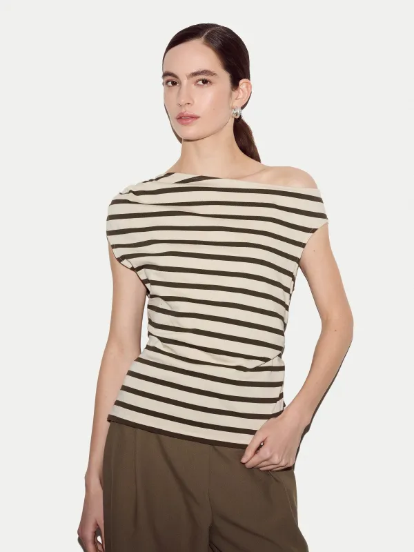 Stripe Asymmetric Neck Top | Khaki made by Jigsaw