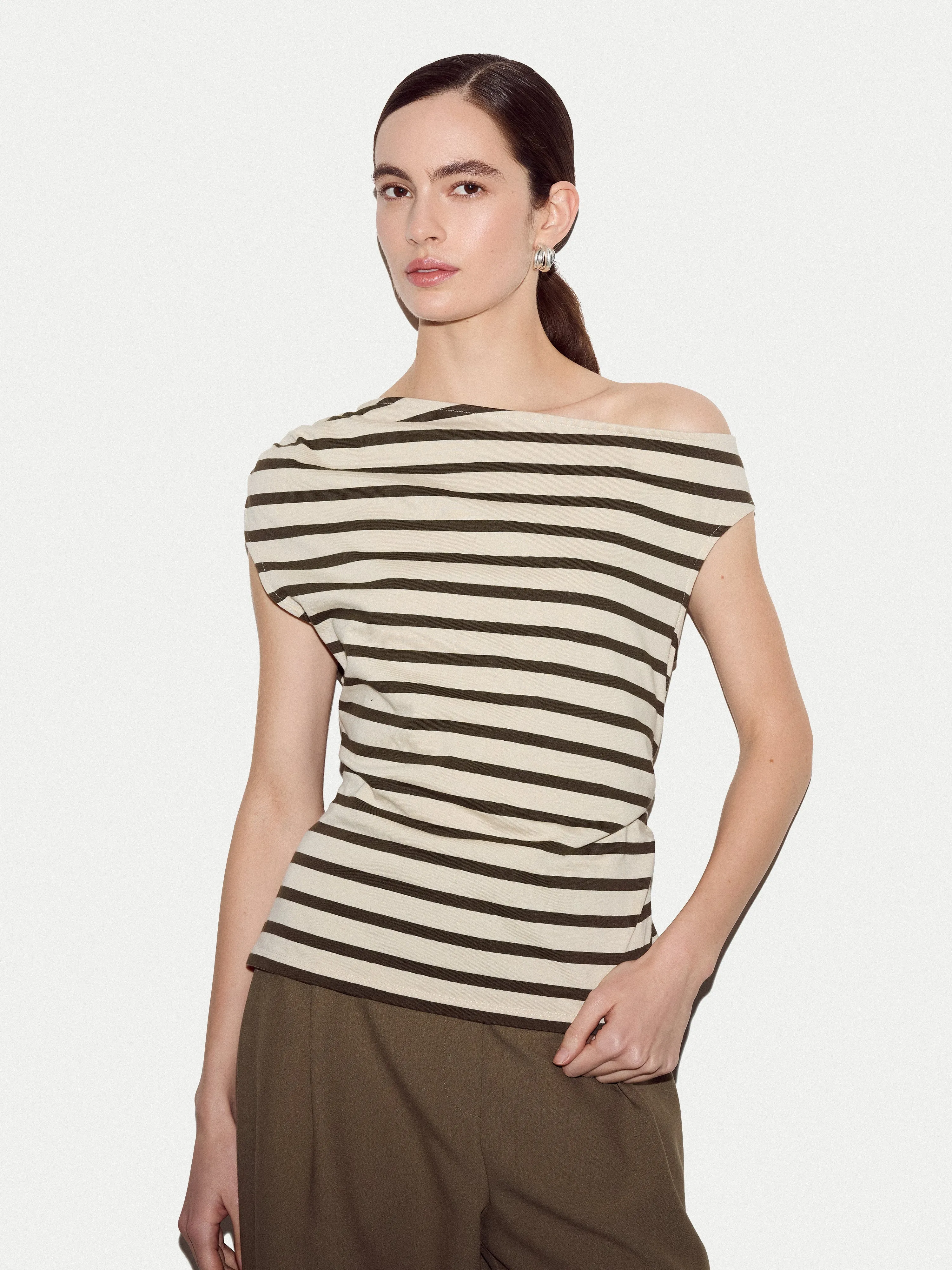 Stripe Asymmetric Neck Top | Khaki sold by Jigsaw