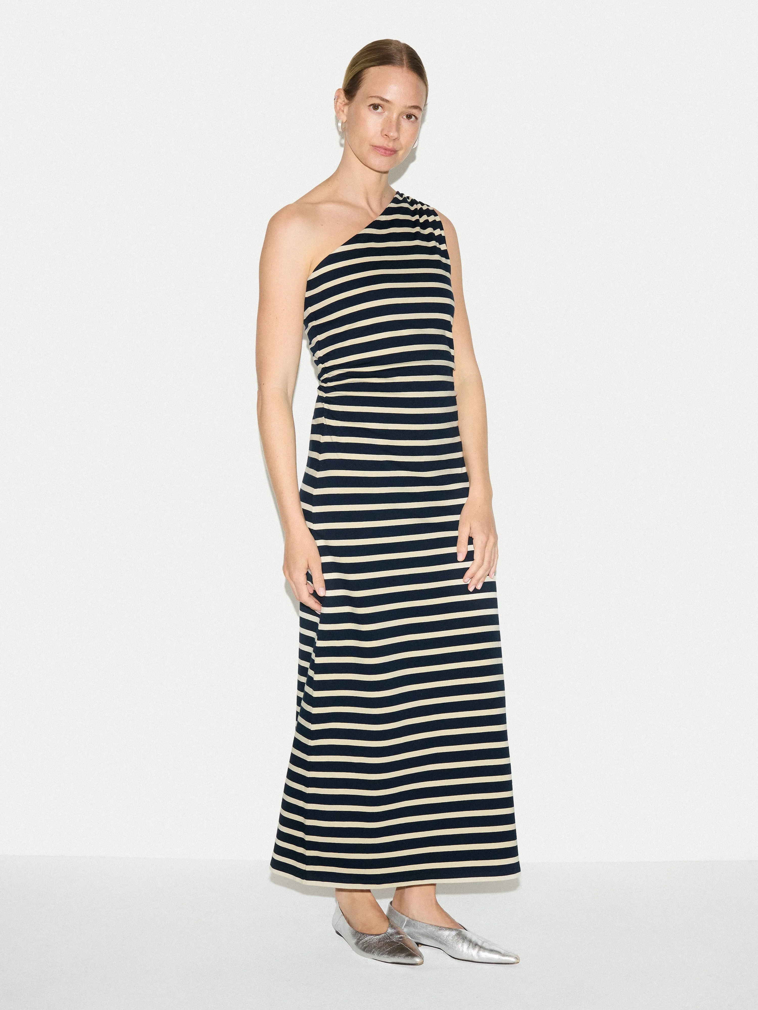 Stripe One Shoulder Dress | Navy sold by Jigsaw