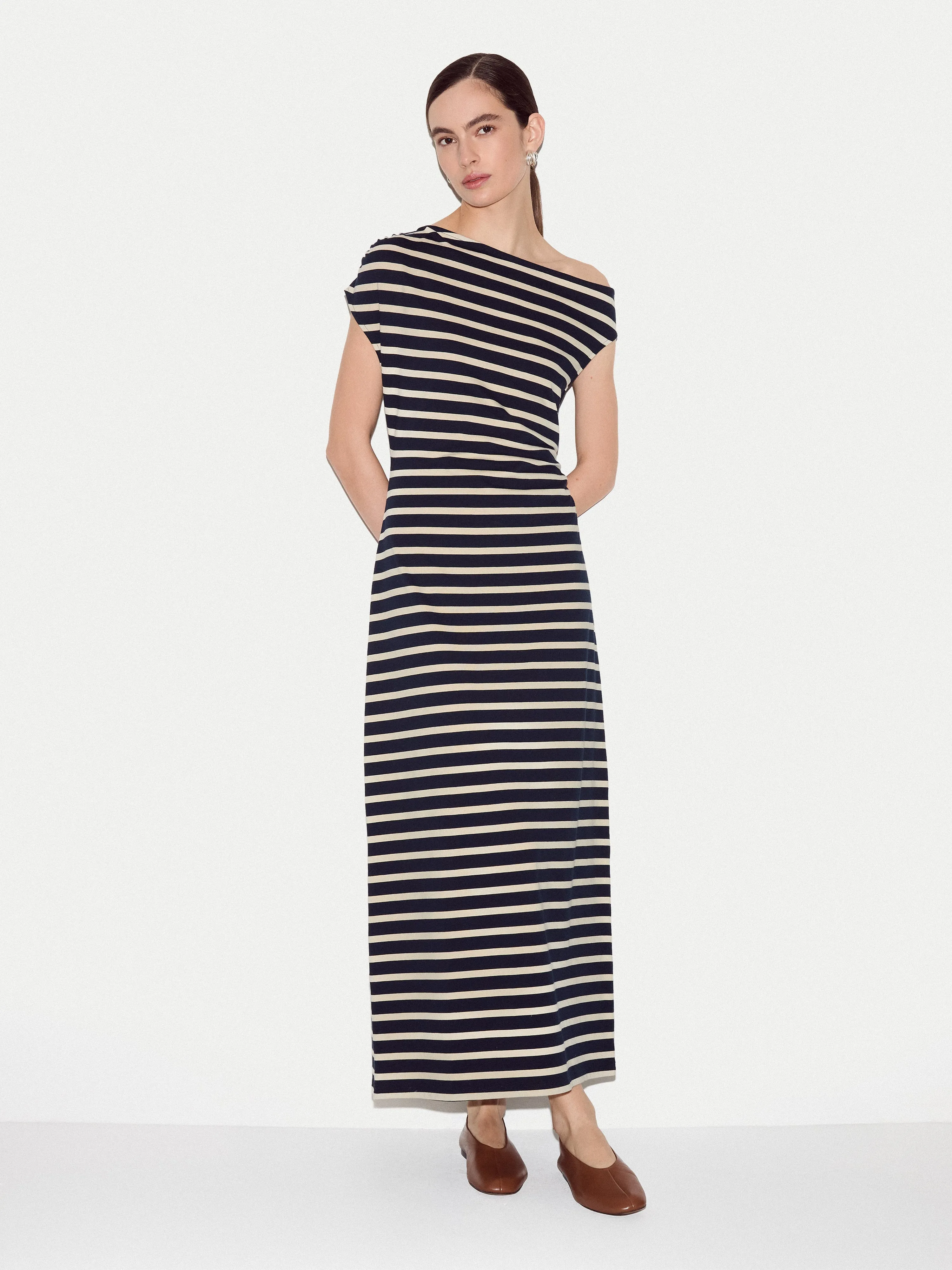 Stripe Asymmetric Neck Dress | Navy sold by Jigsaw