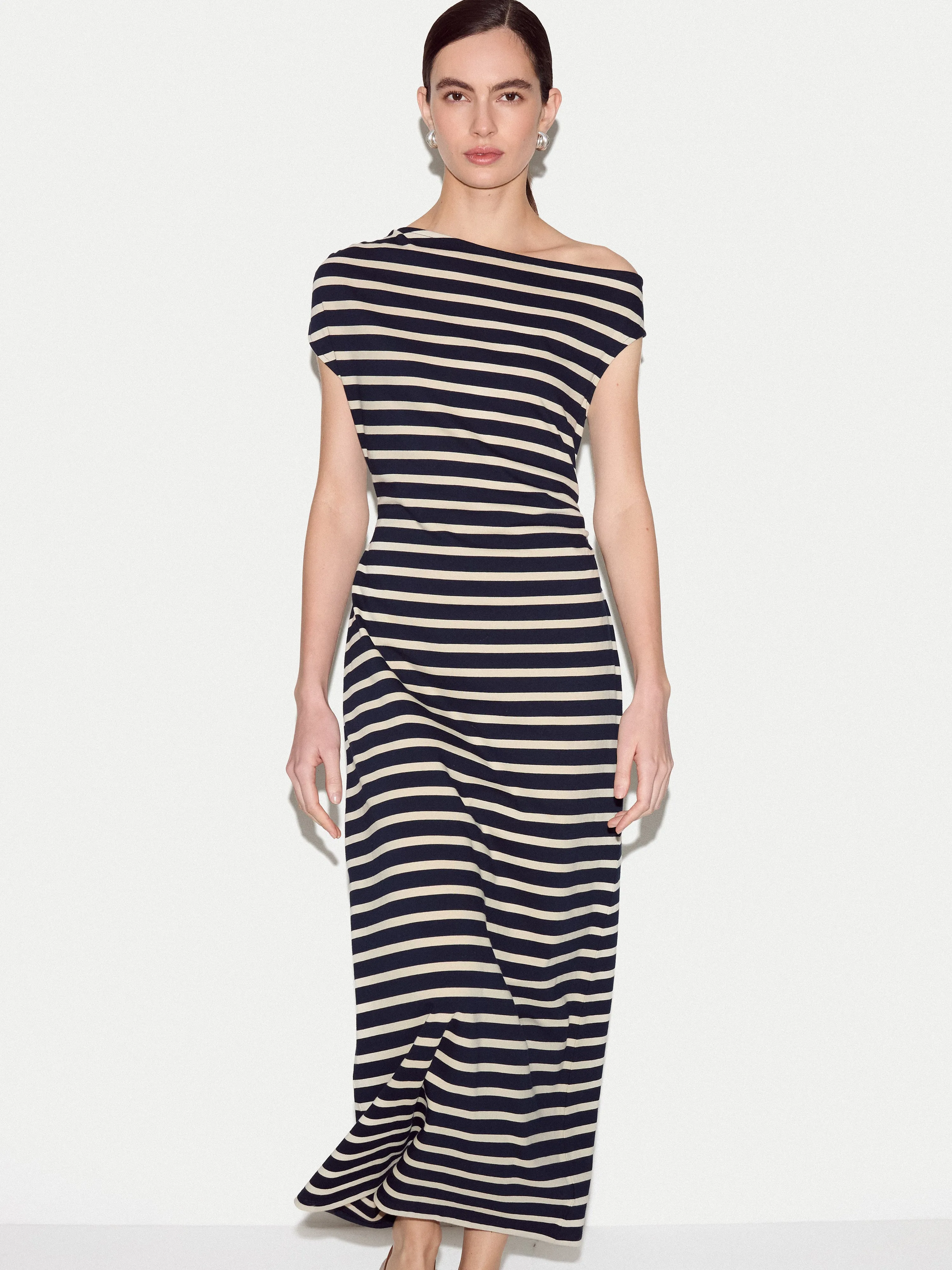 Stripe Asymmetric Neck Dress | Navy sold by Jigsaw product image thumbnail 2