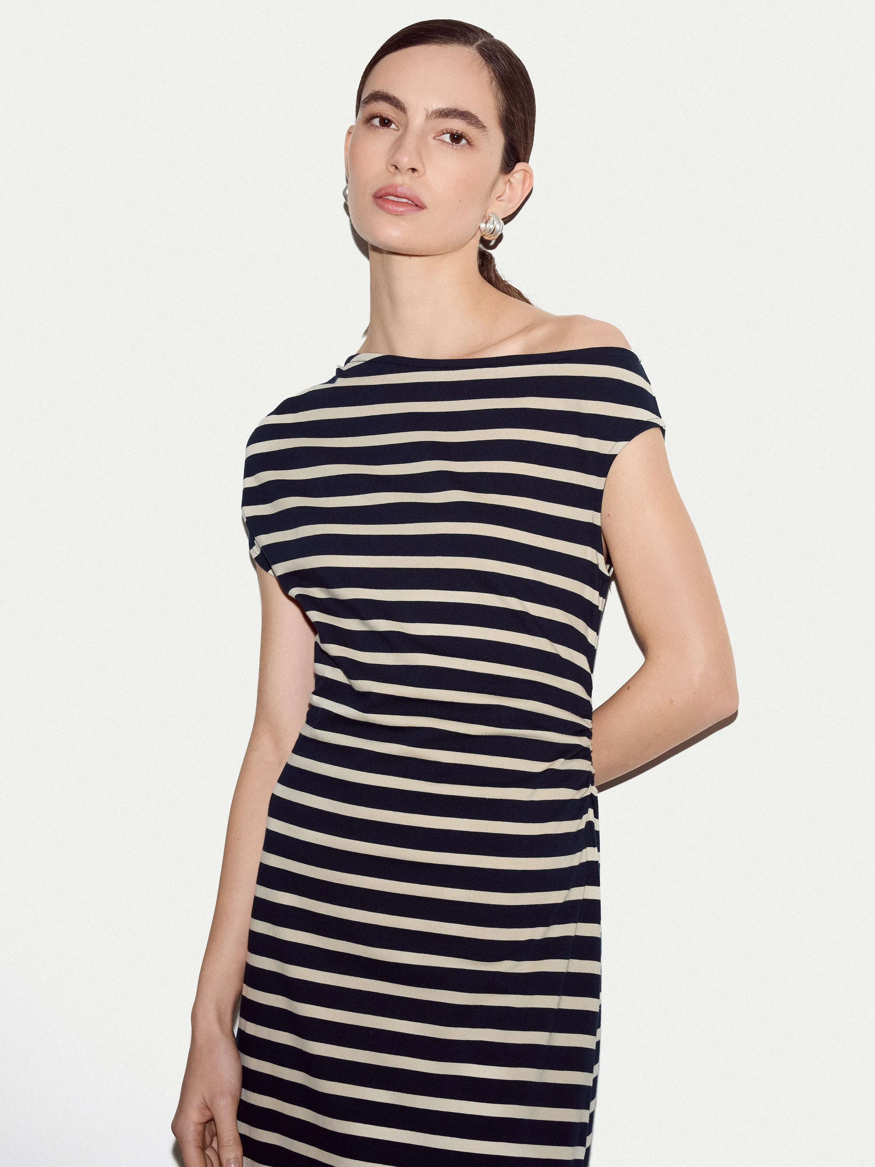 Stripe Asymmetric Neck Dress | Navy sold by Jigsaw product image thumbnail 3