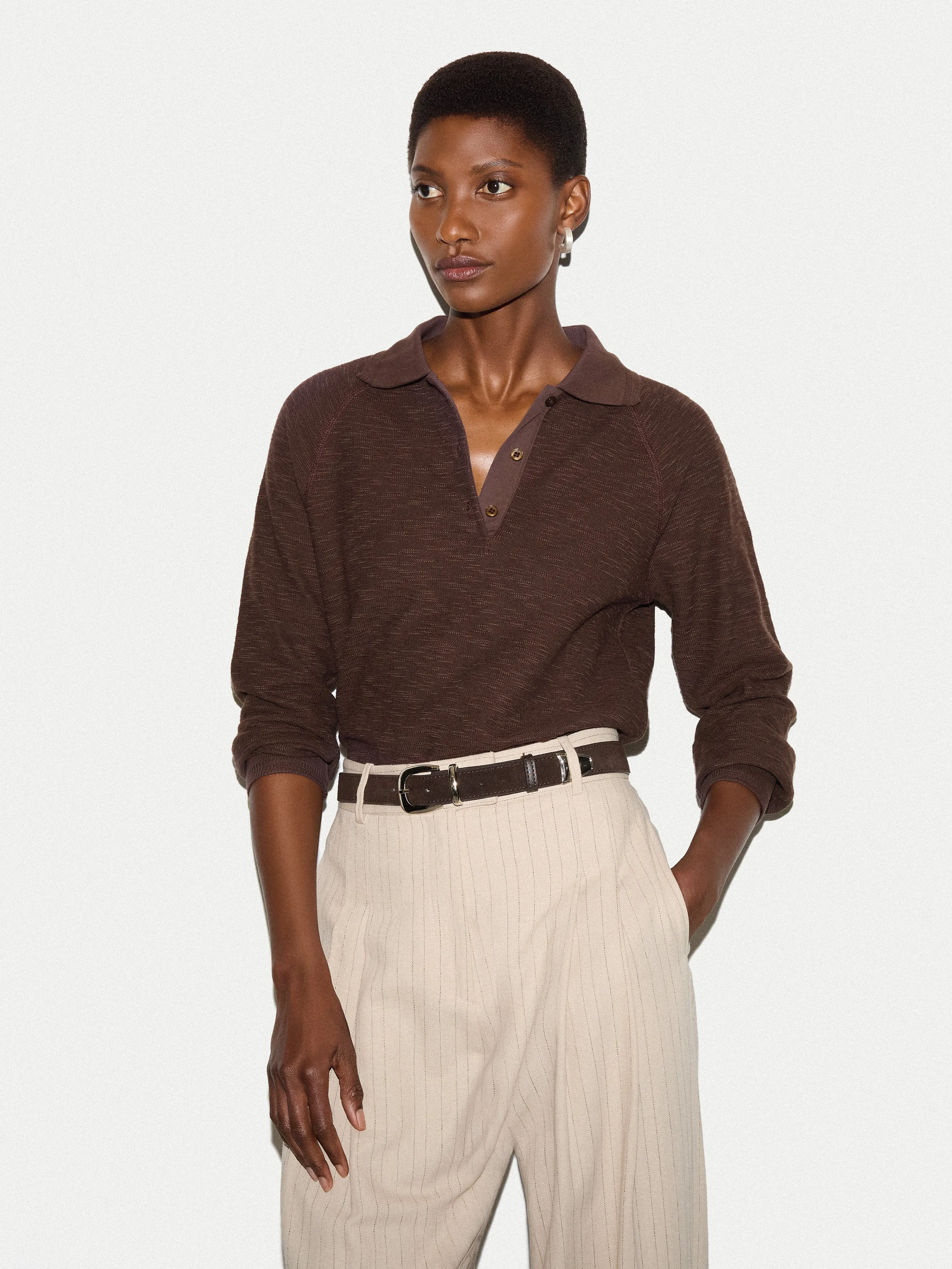Textured Slub Polo Collar Top | Brown sold by Jigsaw product image thumbnail 2