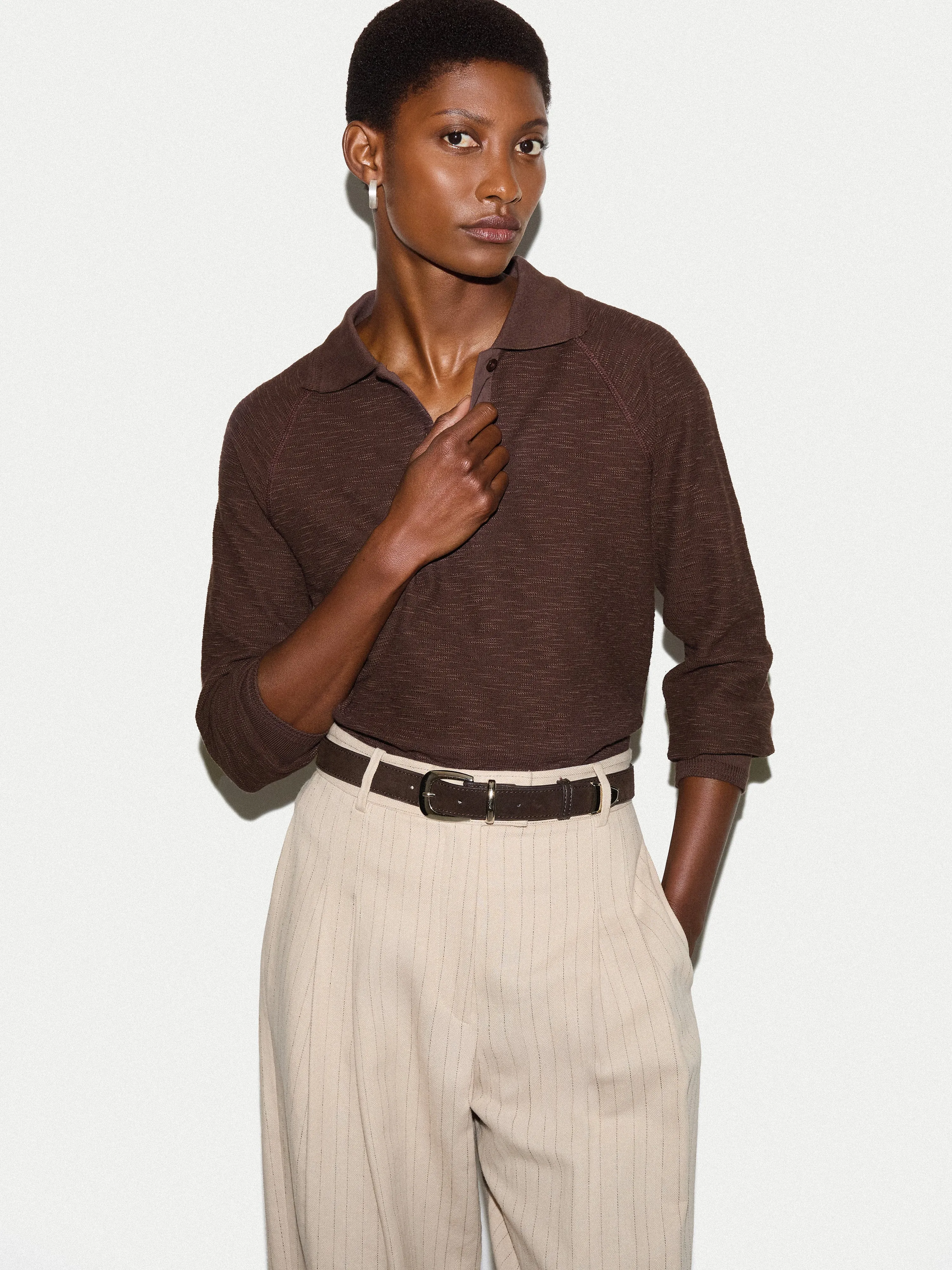Textured Slub Polo Collar Top | Brown sold by Jigsaw product image thumbnail 4