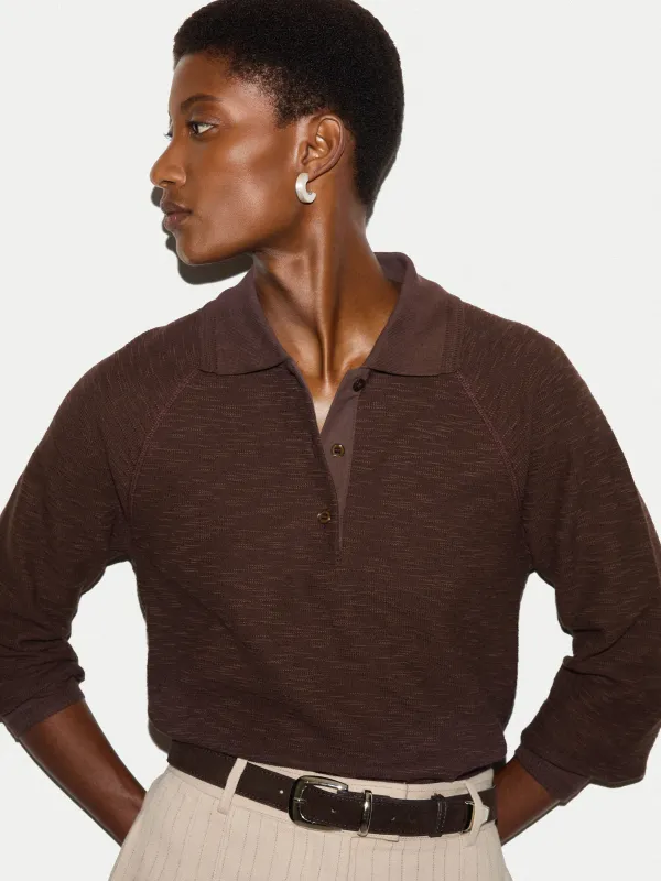 Textured Slub Polo Collar Top | Brown made by Jigsaw