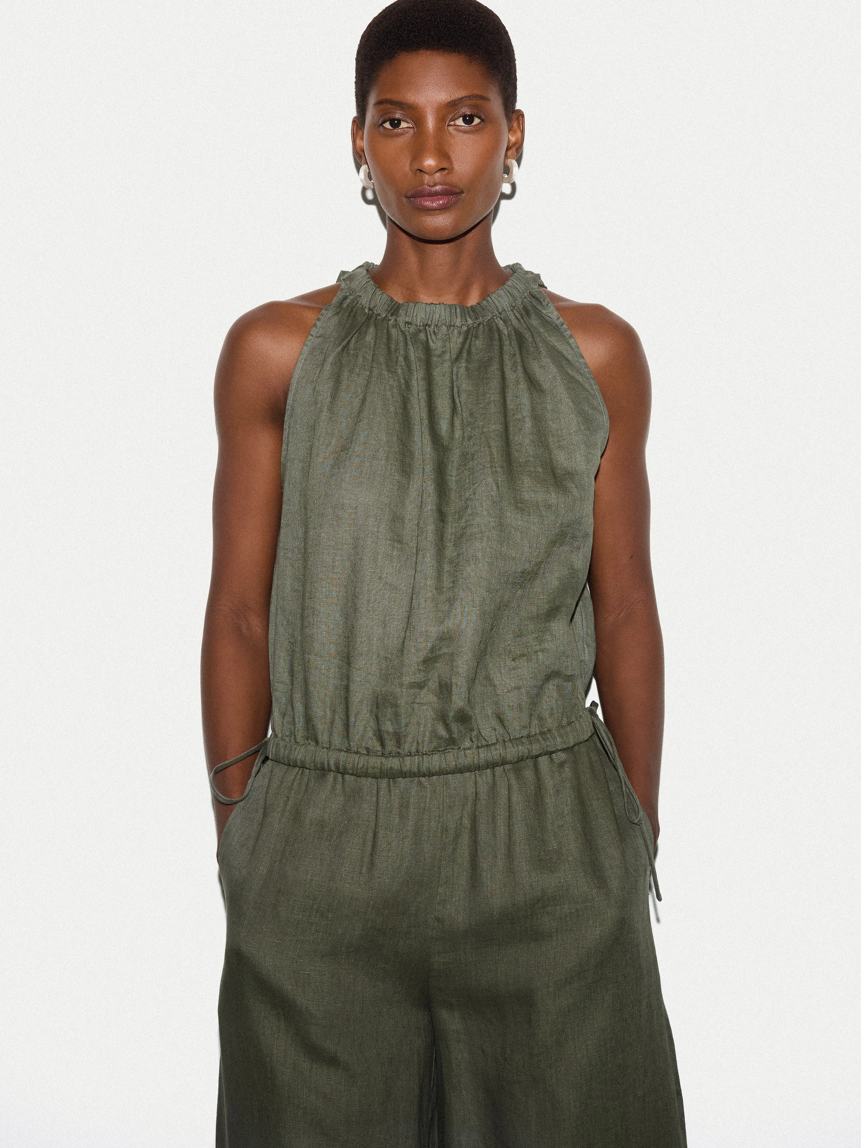 Linen Scooped Tank Top | Khaki sold by Jigsaw