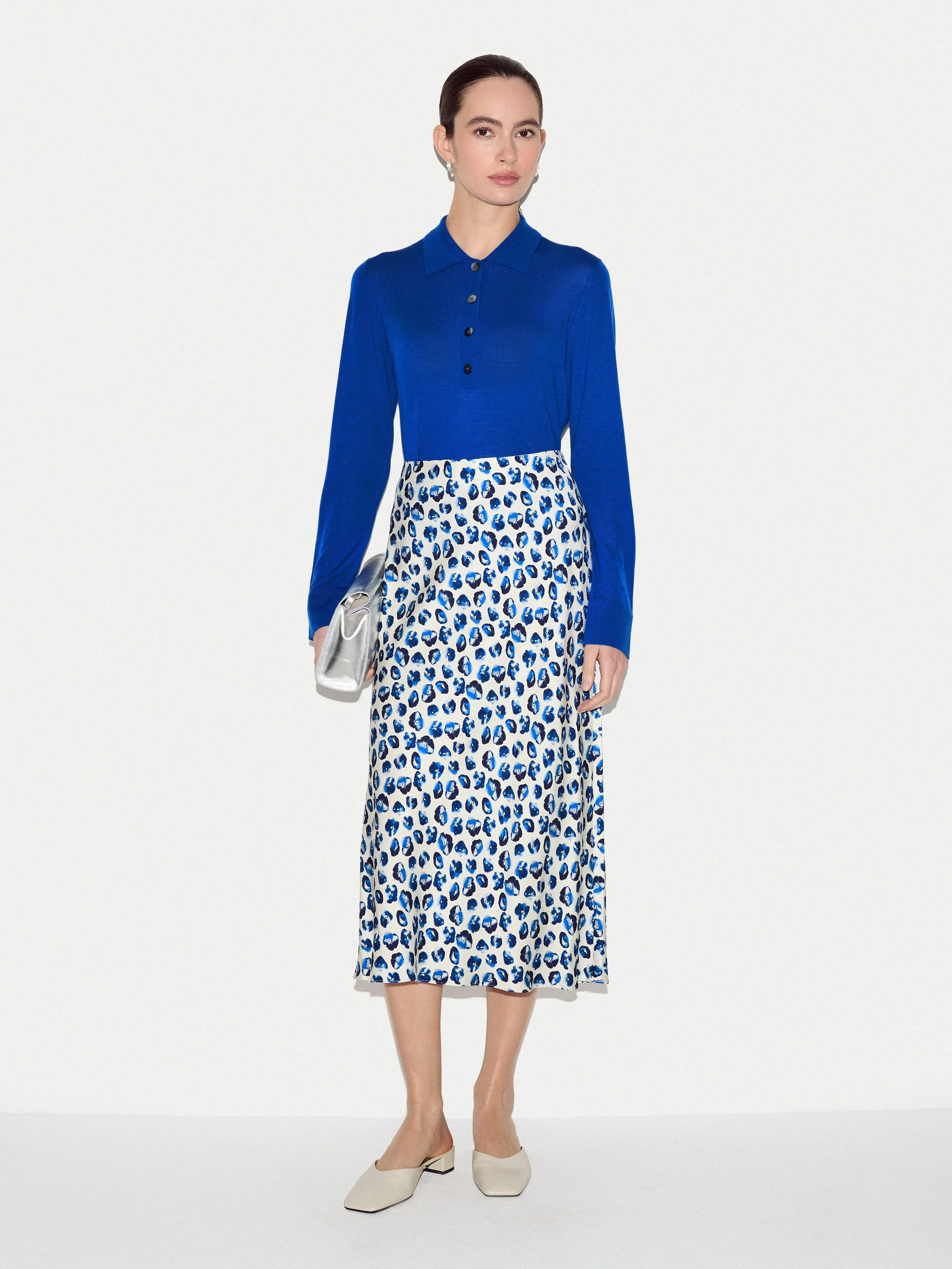 Ditsy Poppy Satin Skirt | Blue sold by Jigsaw