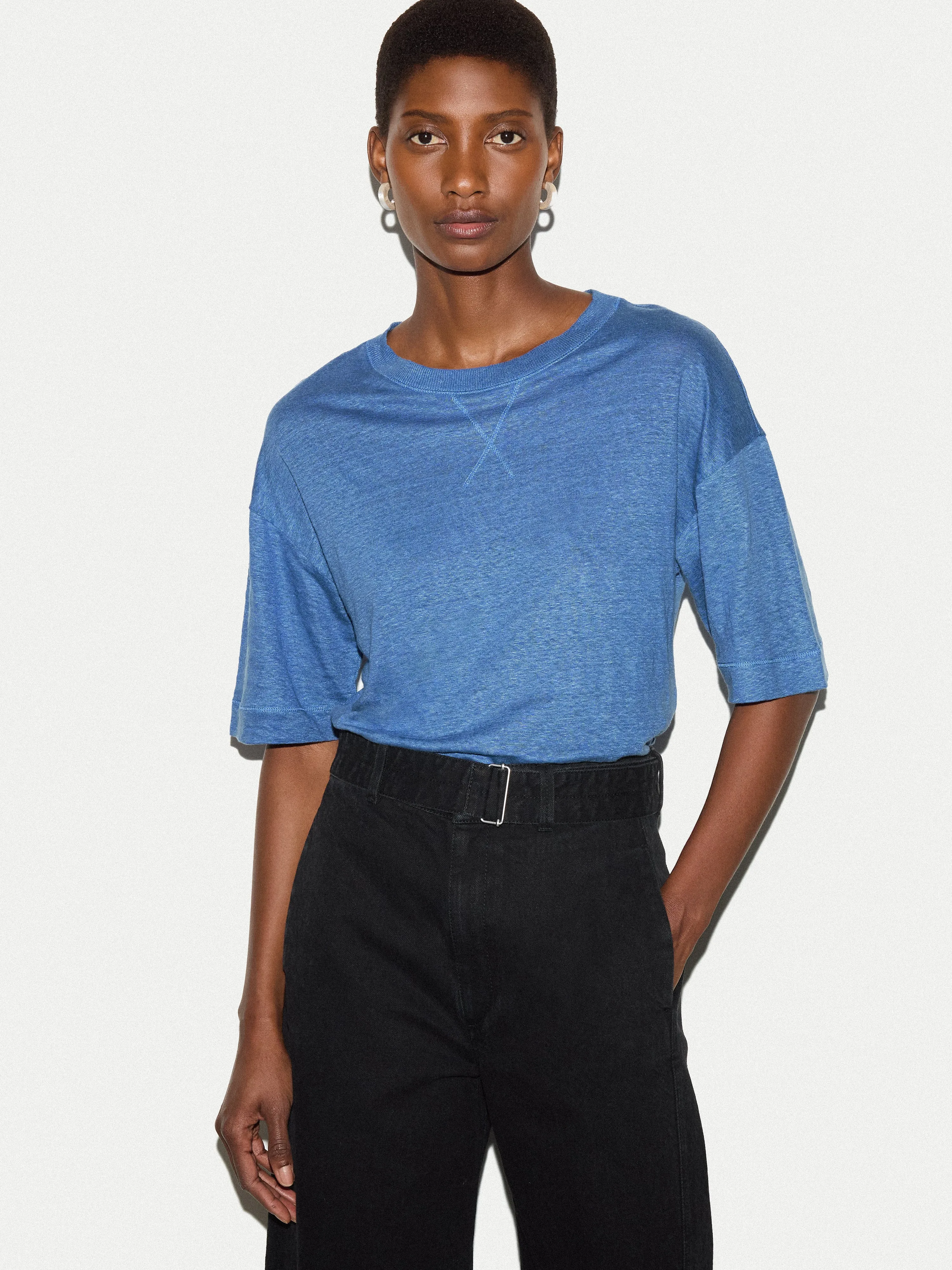 Linen Boxy T-shirt | Blue sold by Jigsaw