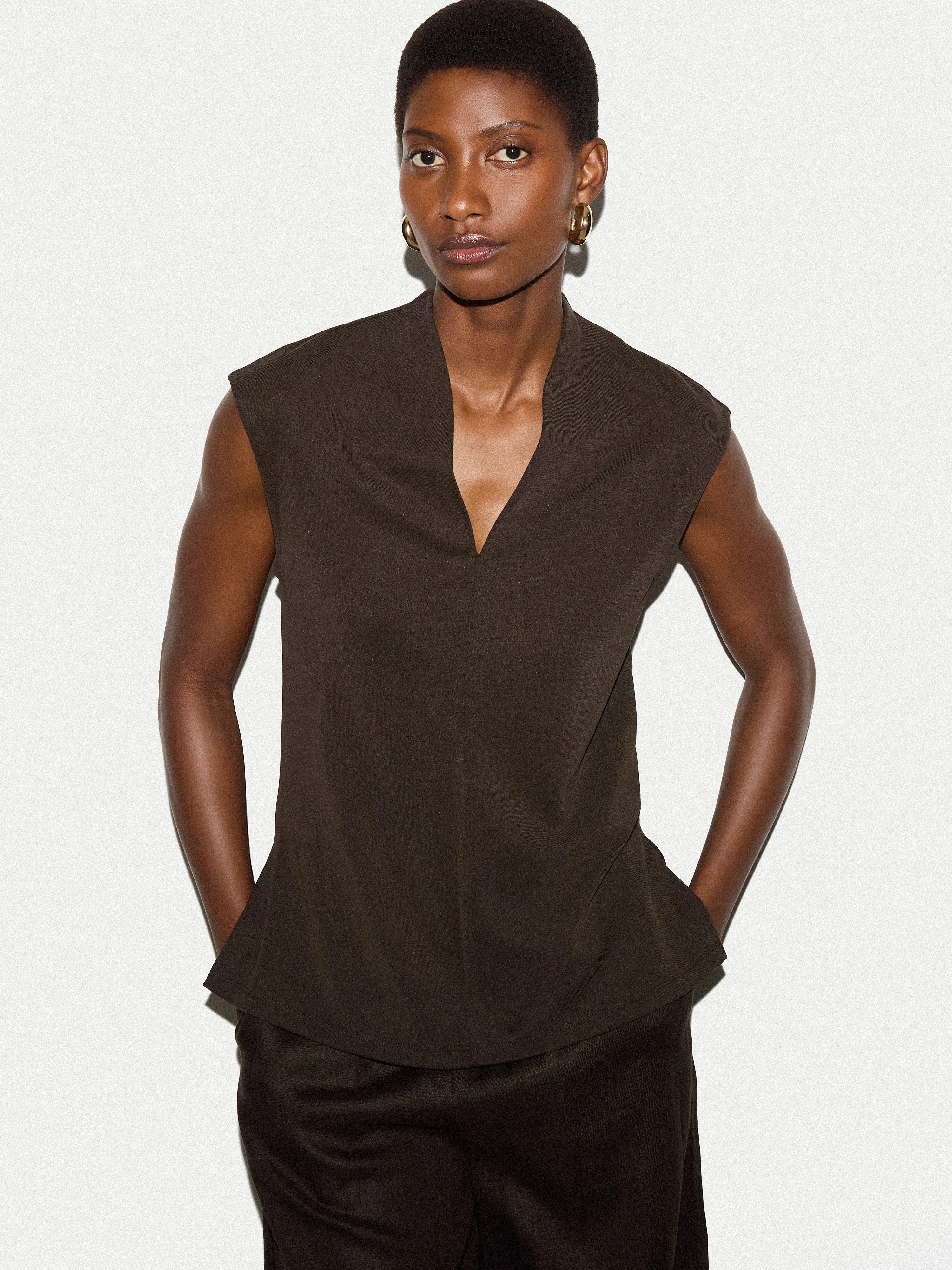 Cupro Rib Vee Top | Brown sold by Jigsaw
