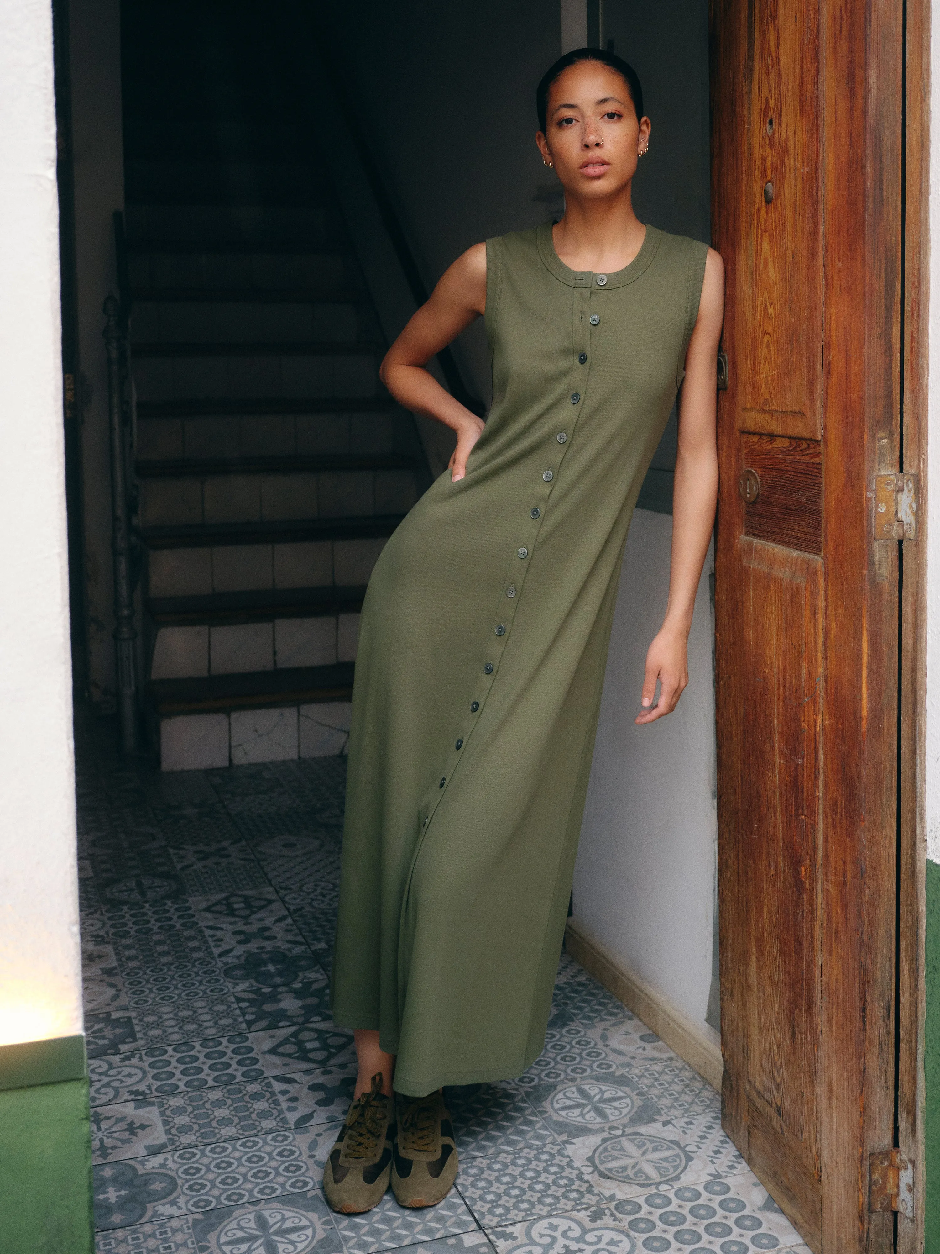 Cotton Rib Button Tank Dress | Khaki sold by Jigsaw