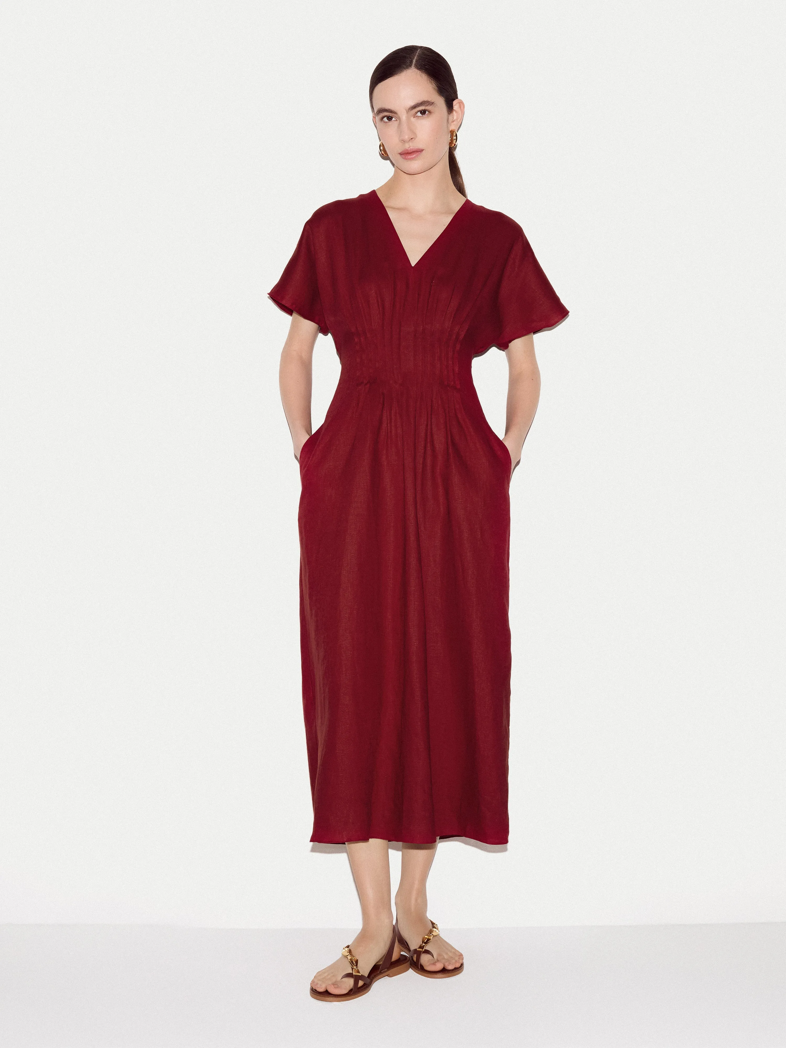 Linen Pintuck Waist Dress | Red sold by Jigsaw