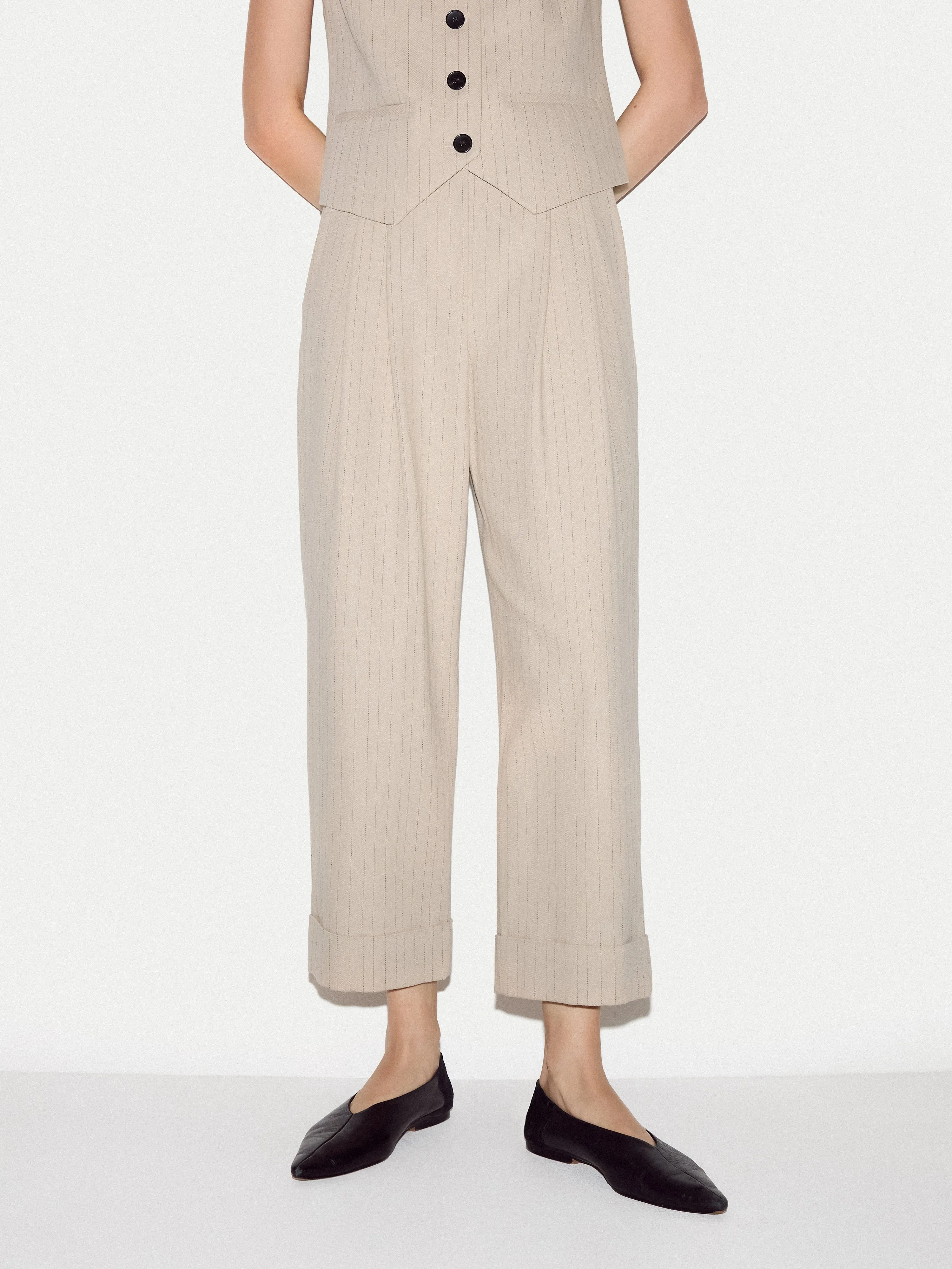 Linen Cotton Stripe Turn Up Trouser | Beige sold by Jigsaw product image thumbnail 2