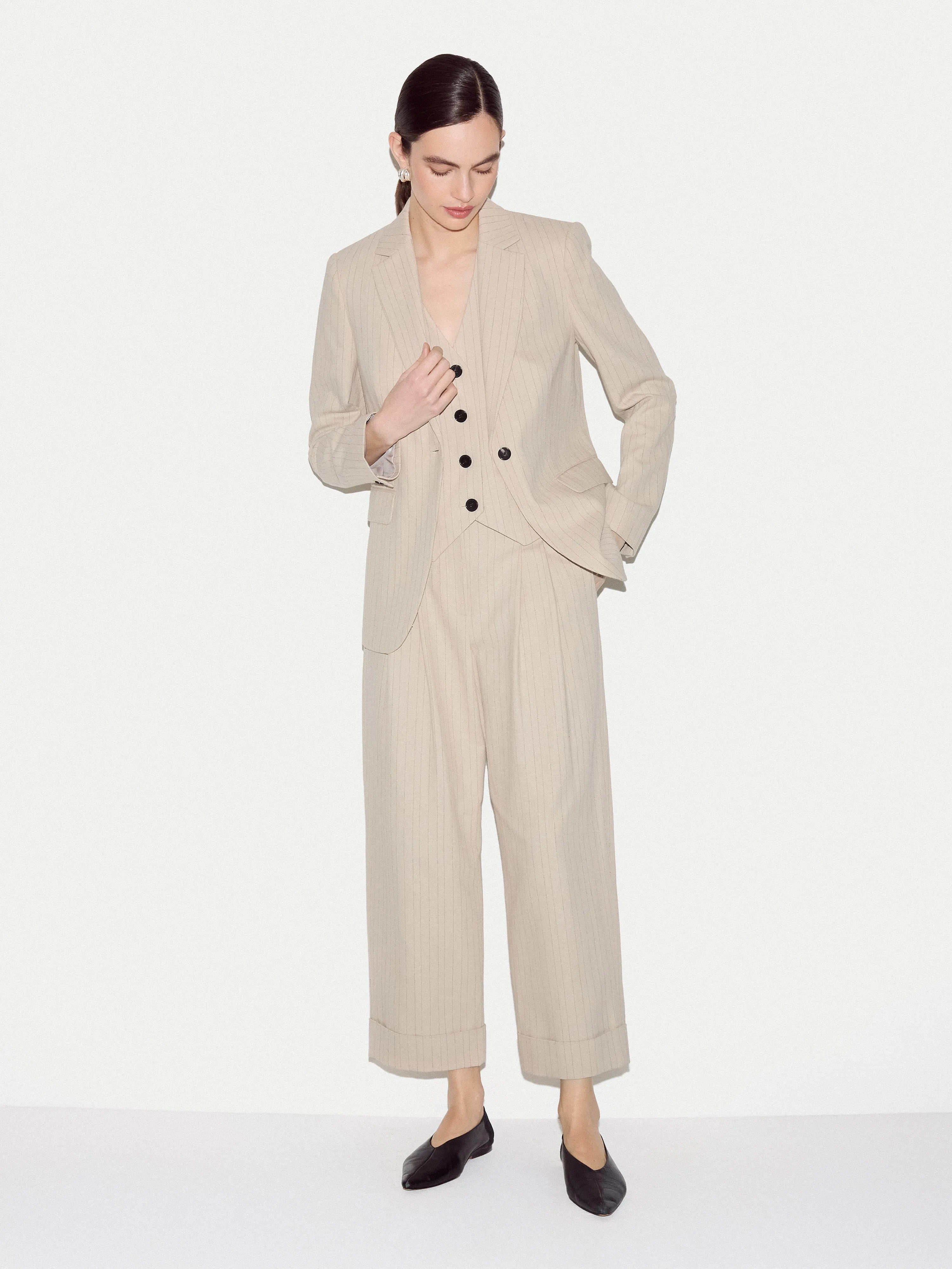 Linen Cotton Stripe Turn Up Trouser | Beige sold by Jigsaw