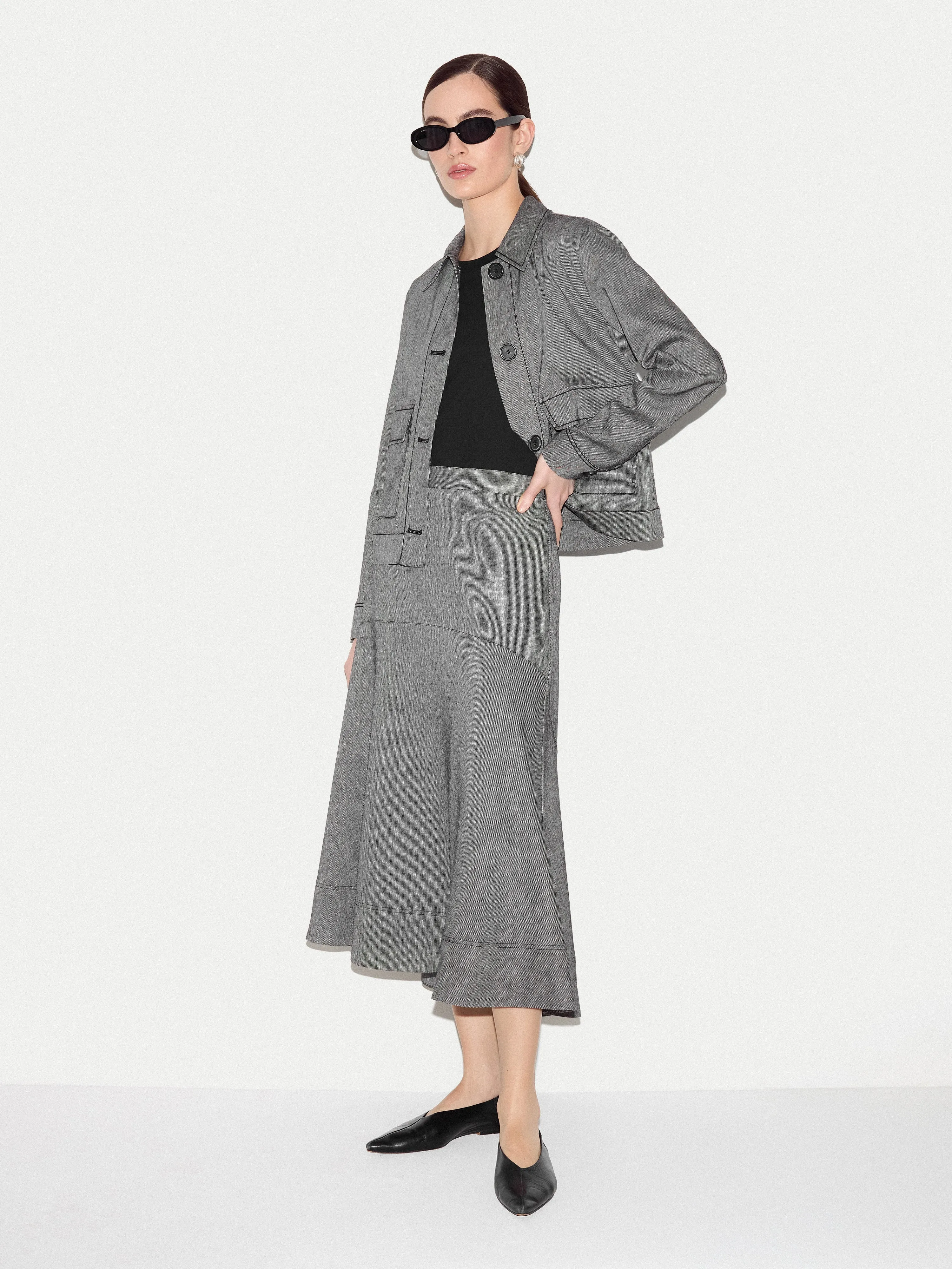 Chambray Linen Blend Asymmetric Midi Skirt | Black sold by Jigsaw