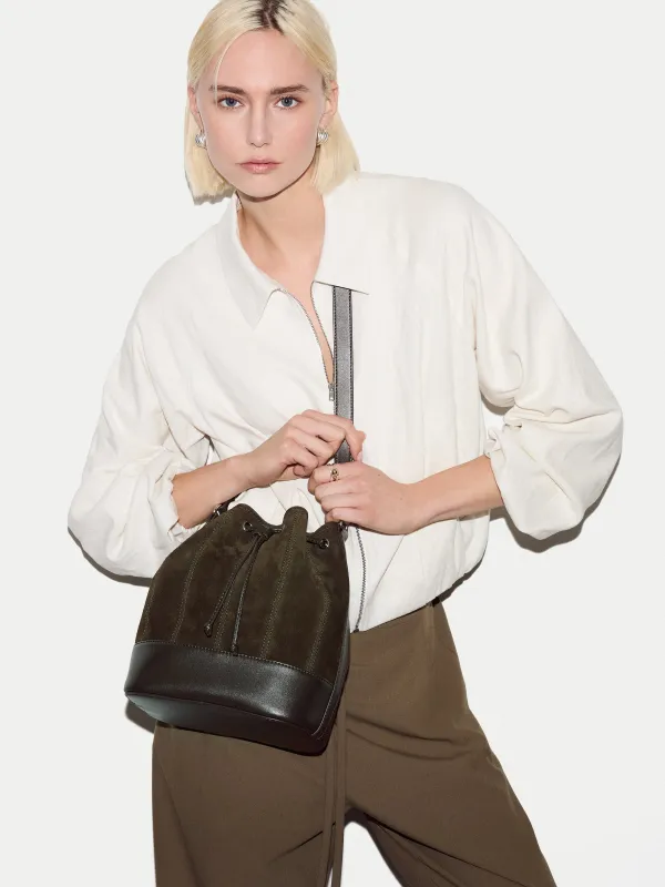 Leather Drawstring Bucket Bag | Khaki made by Jigsaw