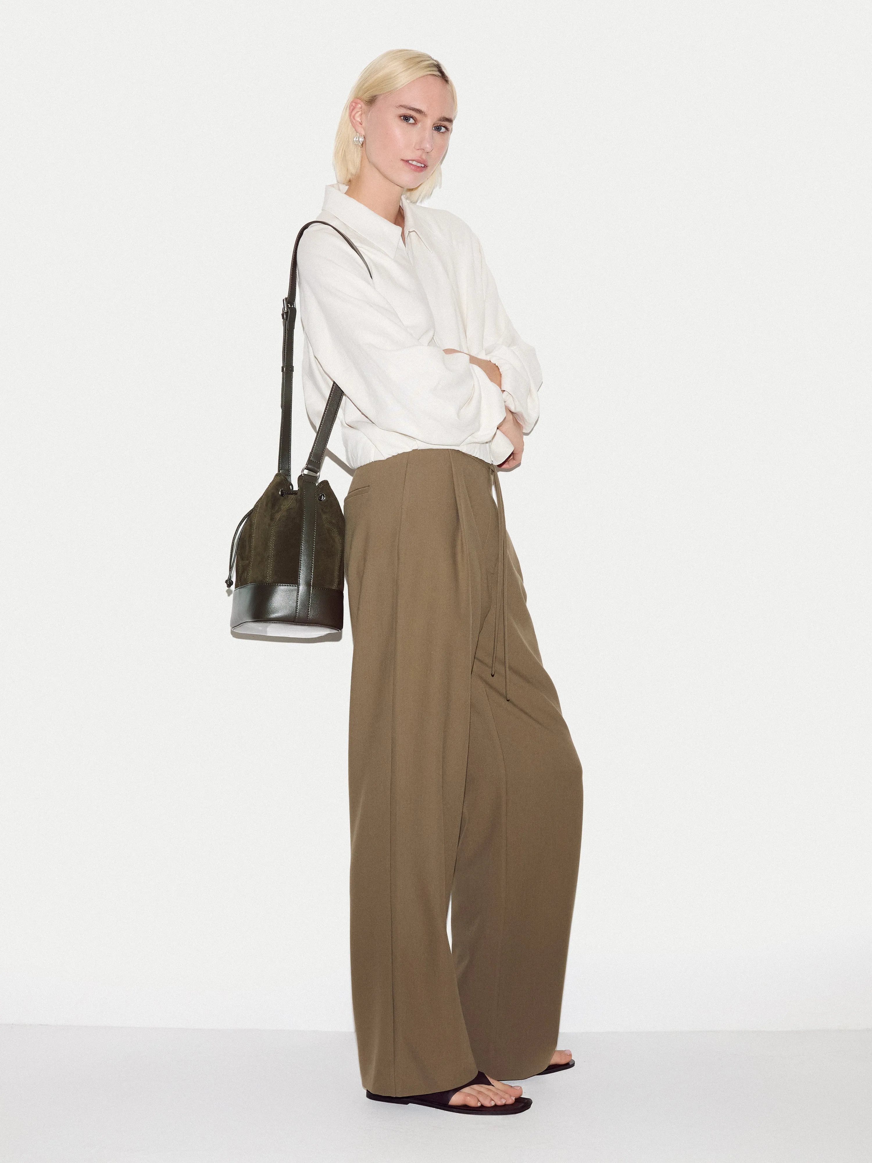 Leather Drawstring Bucket Bag | Khaki sold by Jigsaw product image thumbnail 2