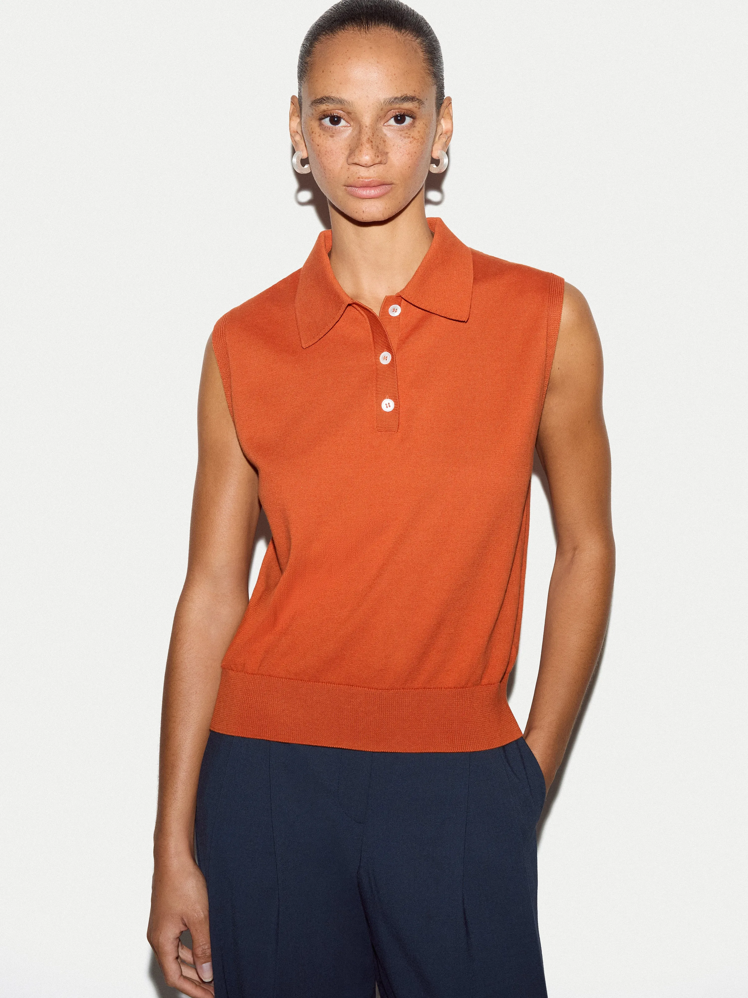 Cotton Sleeveless Polo | Orange sold by Jigsaw