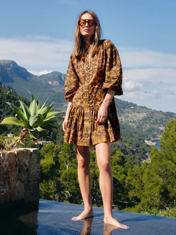 Batik Cotton Button Mini Dress | Yellow made by Jigsaw