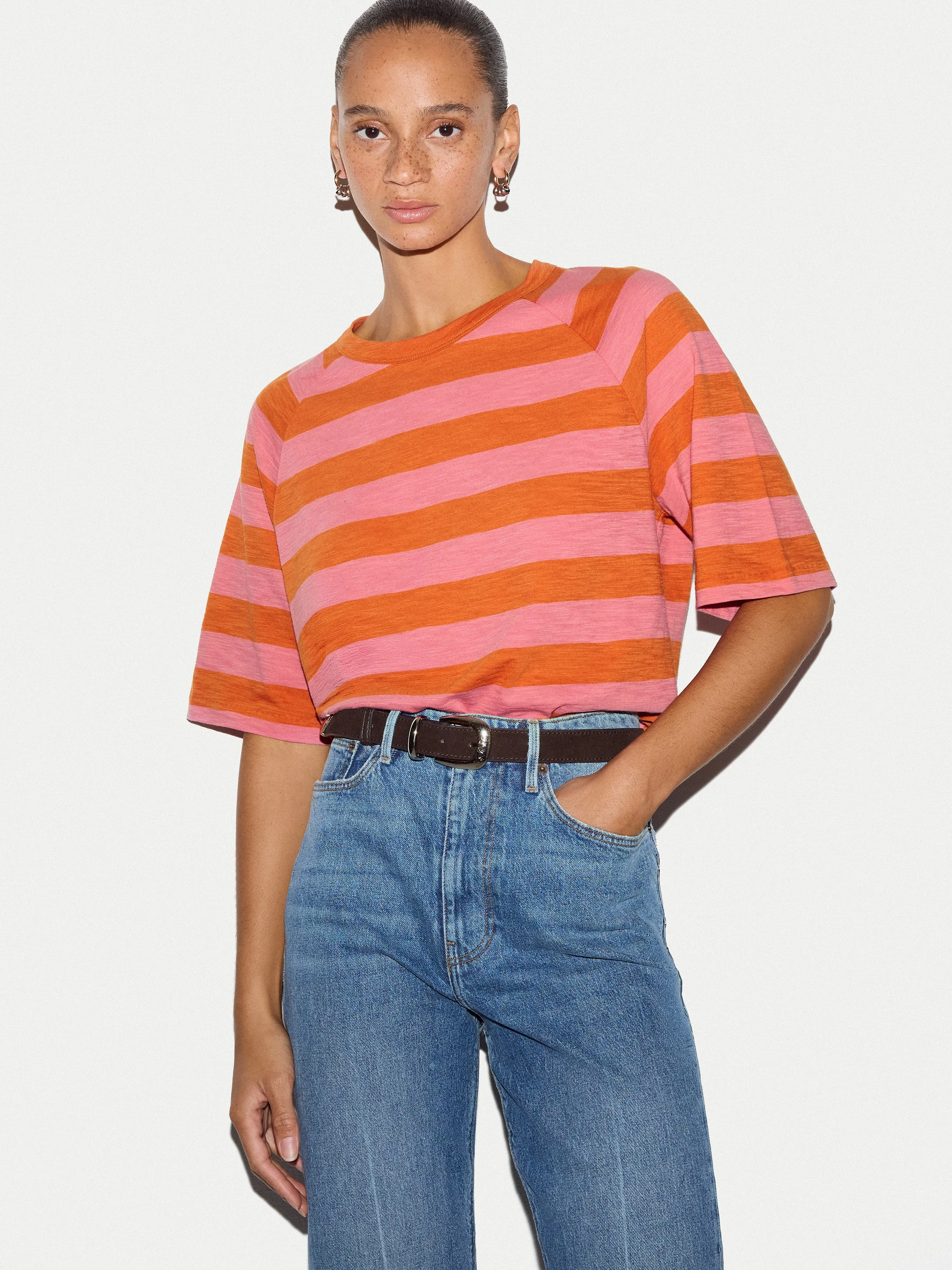 Cotton Slub Stripe Raglan T-shirt | Pink sold by Jigsaw