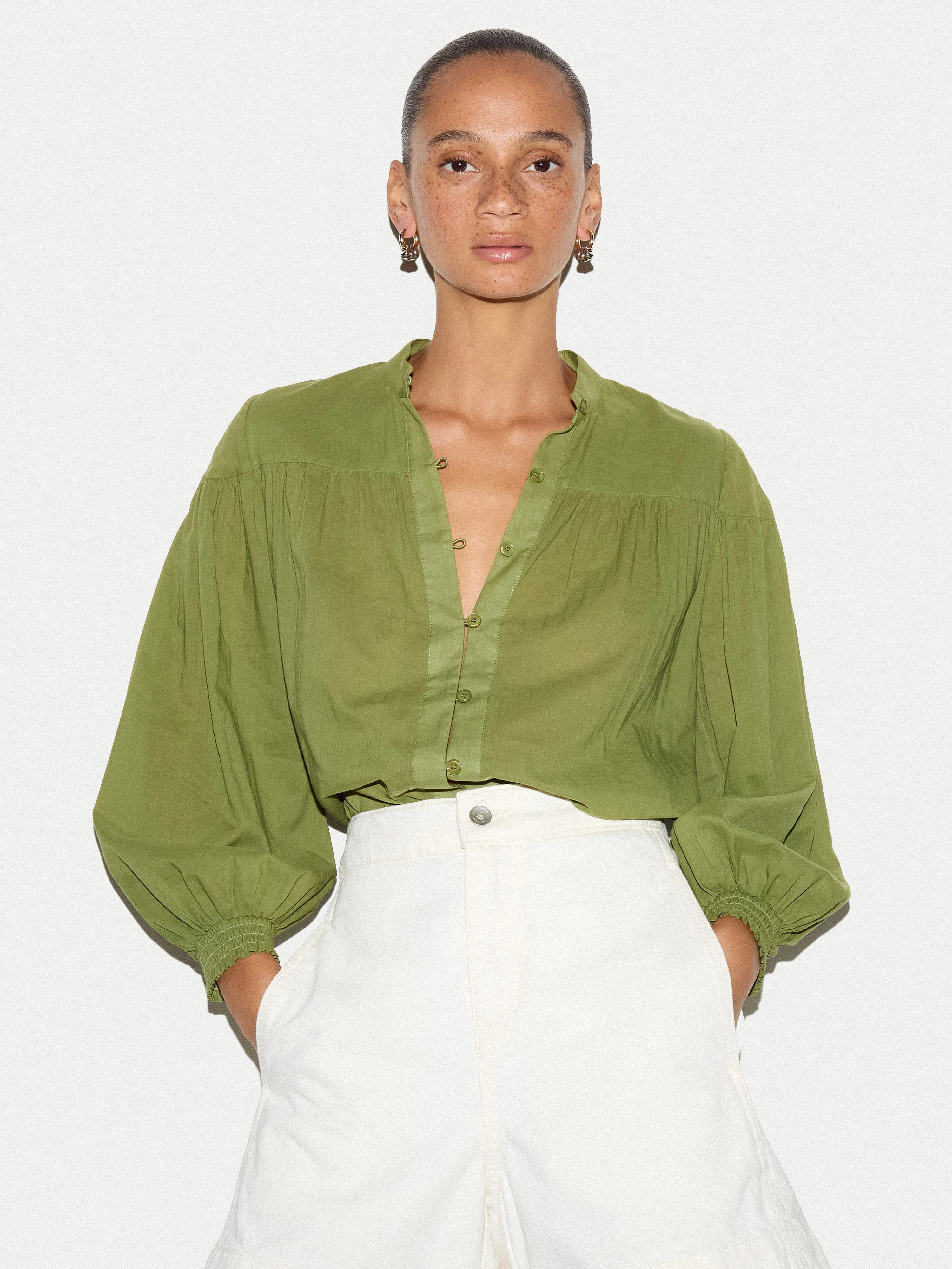 Cotton Balloon Sleeve Top | Green sold by Jigsaw
