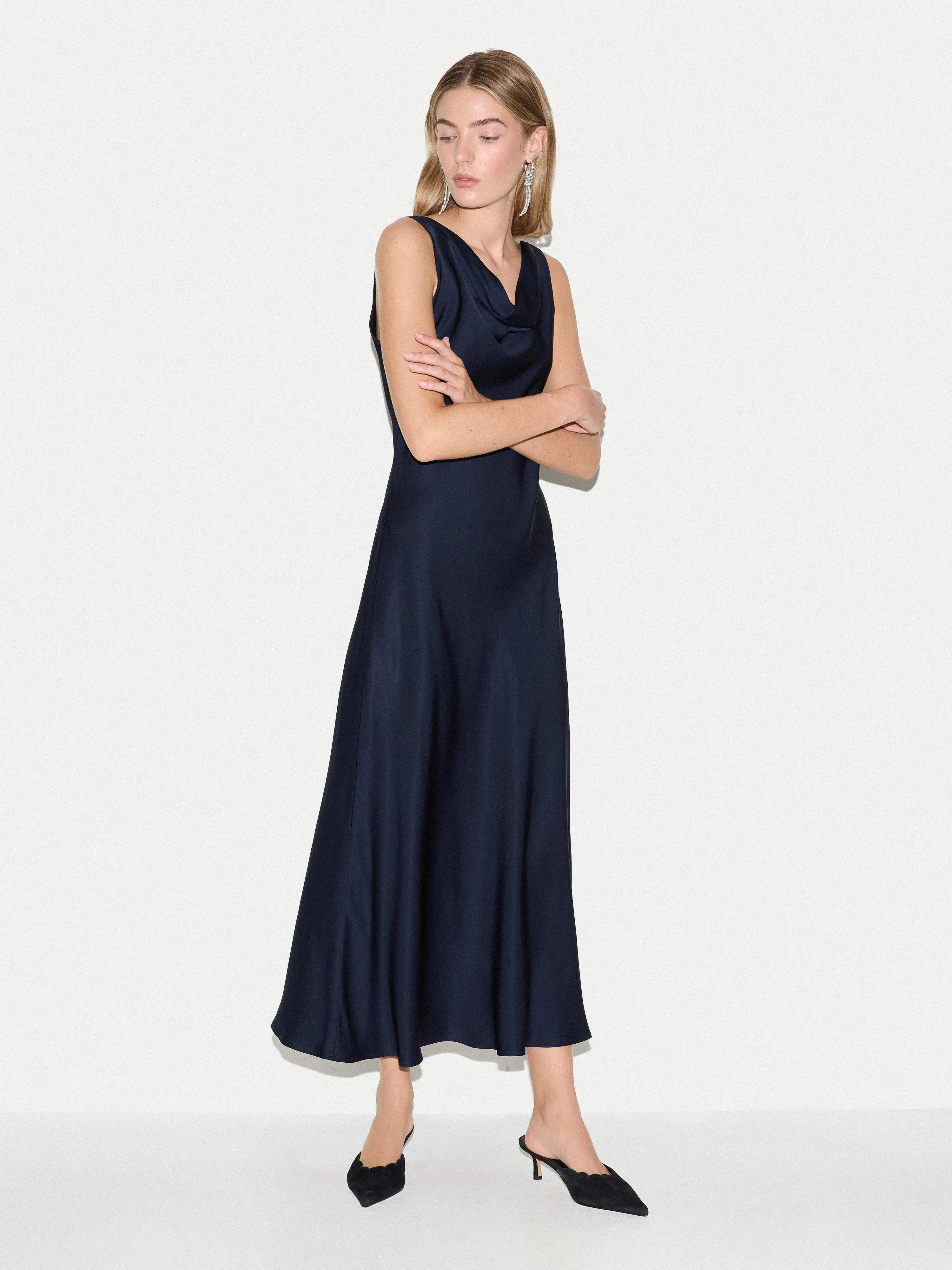 Satin Cowl Neck Bias Dress | Navy sold by Jigsaw product image thumbnail 3