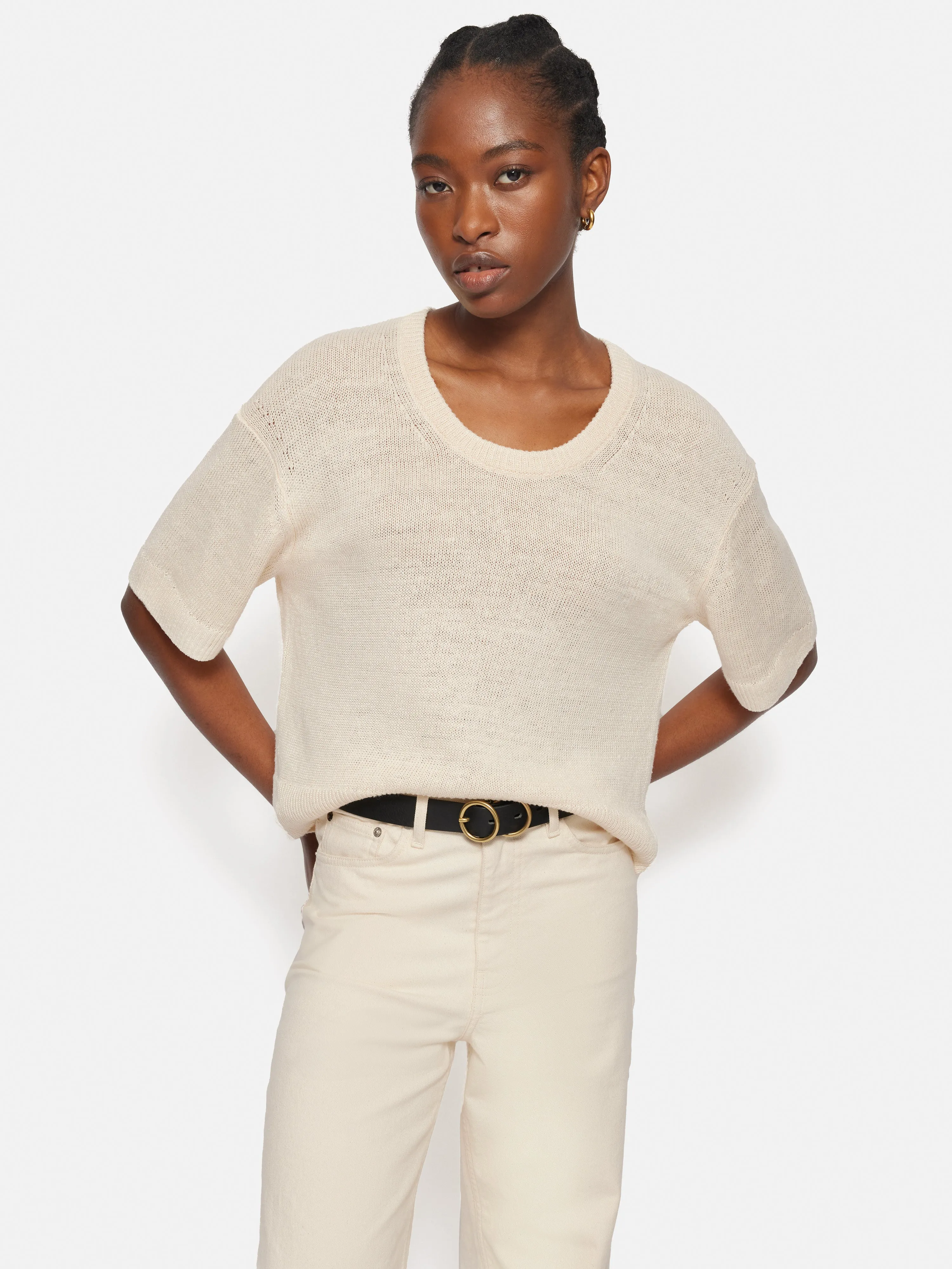 Linen Scoop Neck Knitted T-Shirt | Ivory sold by Jigsaw