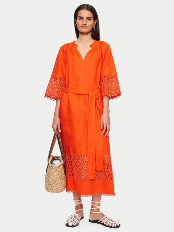 Lillia Linen Broderie Midi Dress | Orange sold by Jigsaw