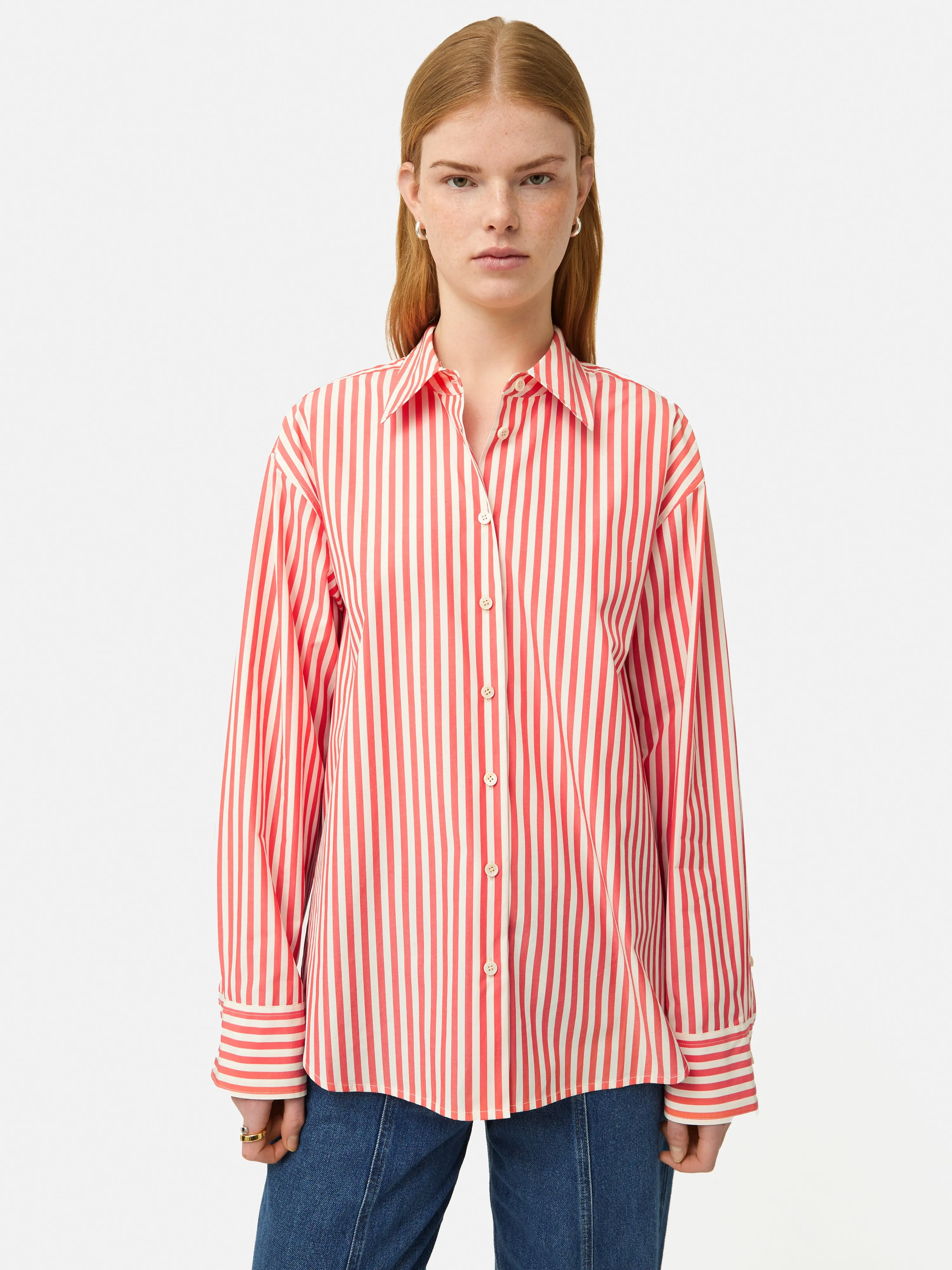 Cotton Poplin Stripe Shirt | Coral sold by Jigsaw