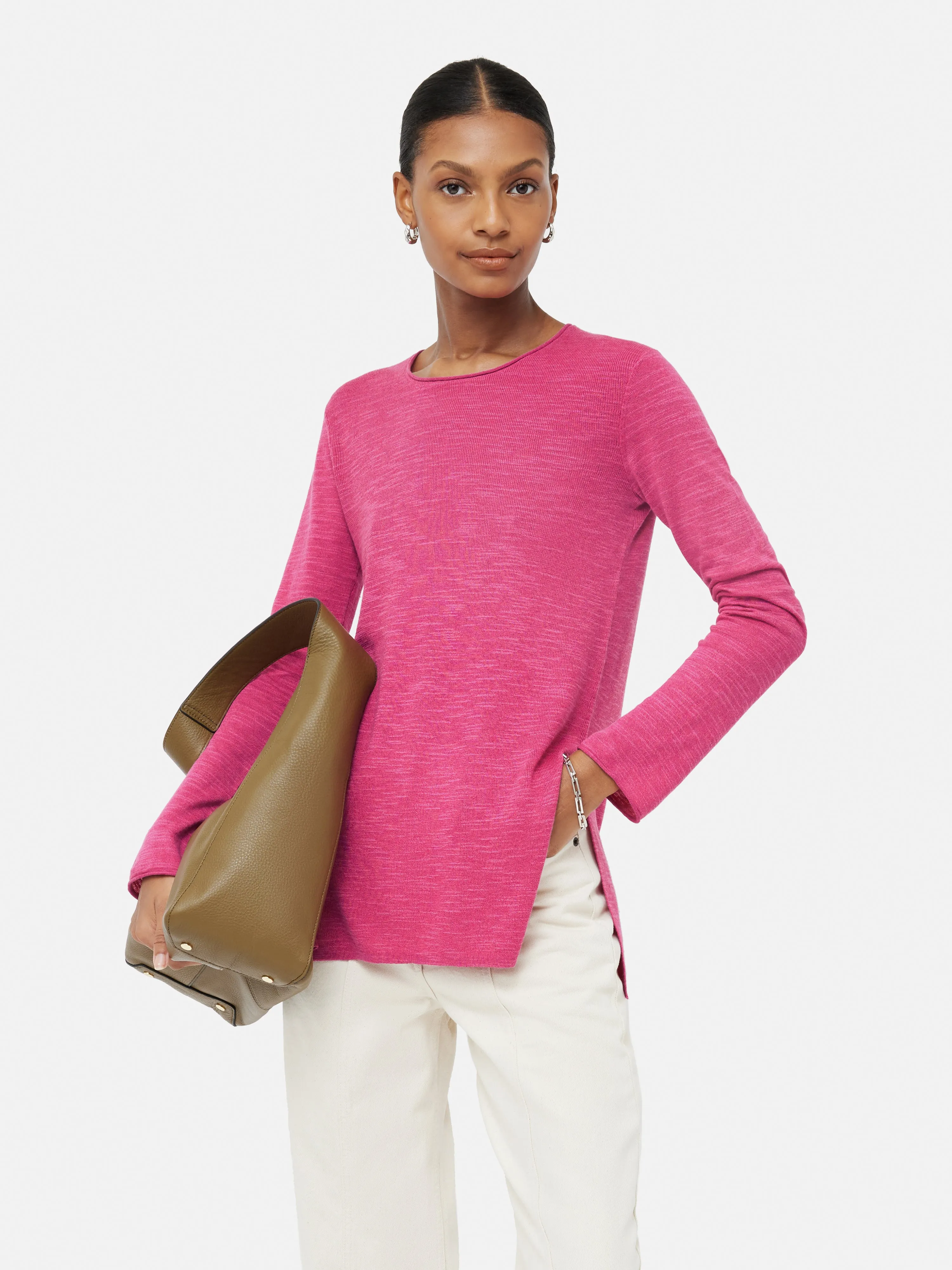 Linen Cotton Crew Neck Jumper | Pink sold by Jigsaw
