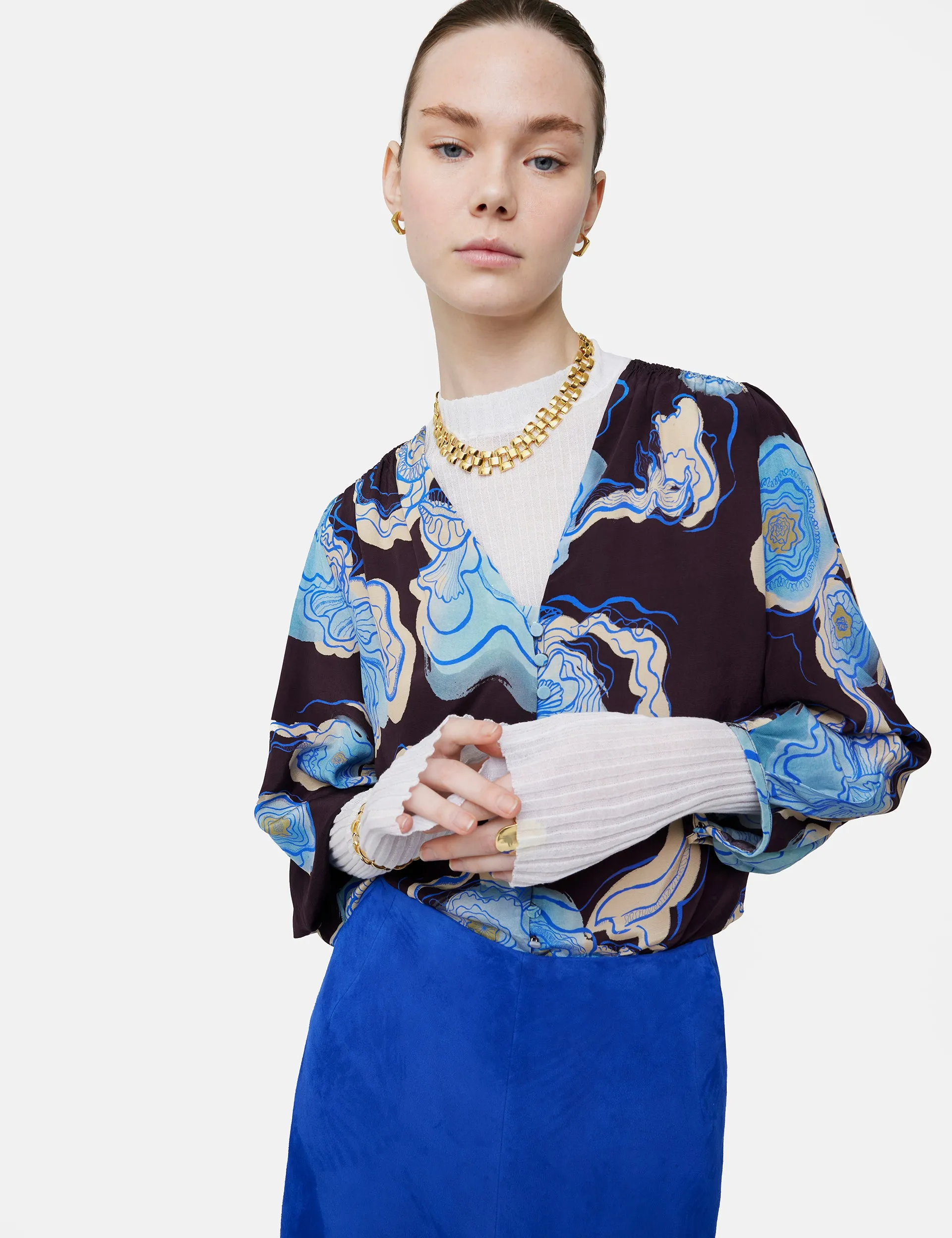 Sharan Ranshi V Neck Tunic Top | Blue sold by Jigsaw